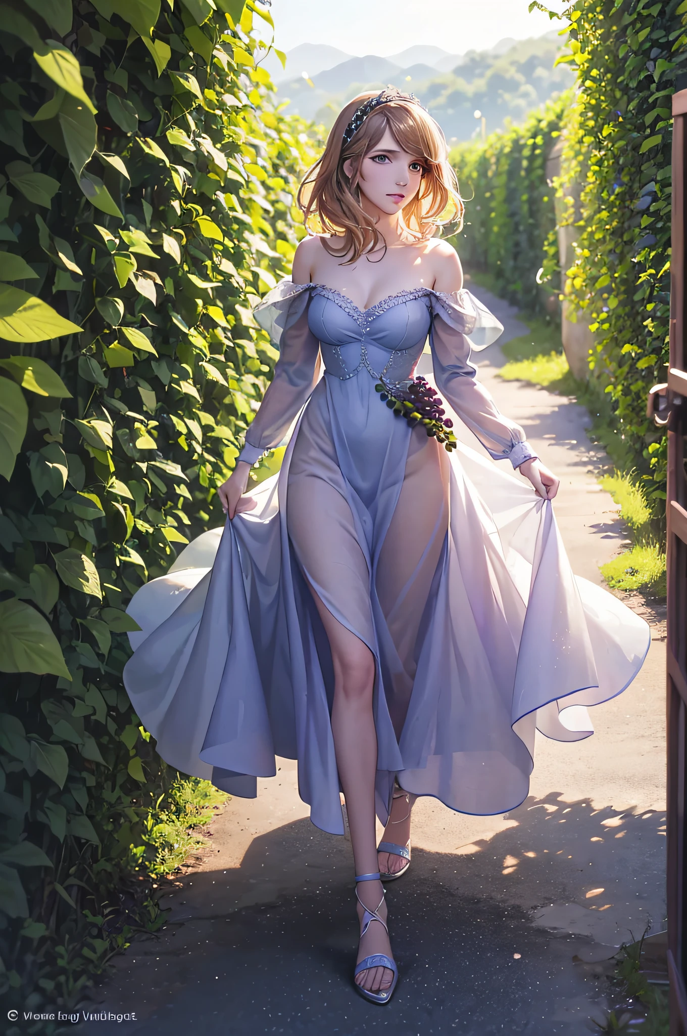 BarbaraEvenot, clad in a winter dress of [Google Color 1], strolls through a vineyard. Grapes, ripe and glistening, hang heavily from the vines. A [Google Glow Effect 1] gives a surreal touch, emphasizing the dewdrops on the grapes and the shimmer on her attire.