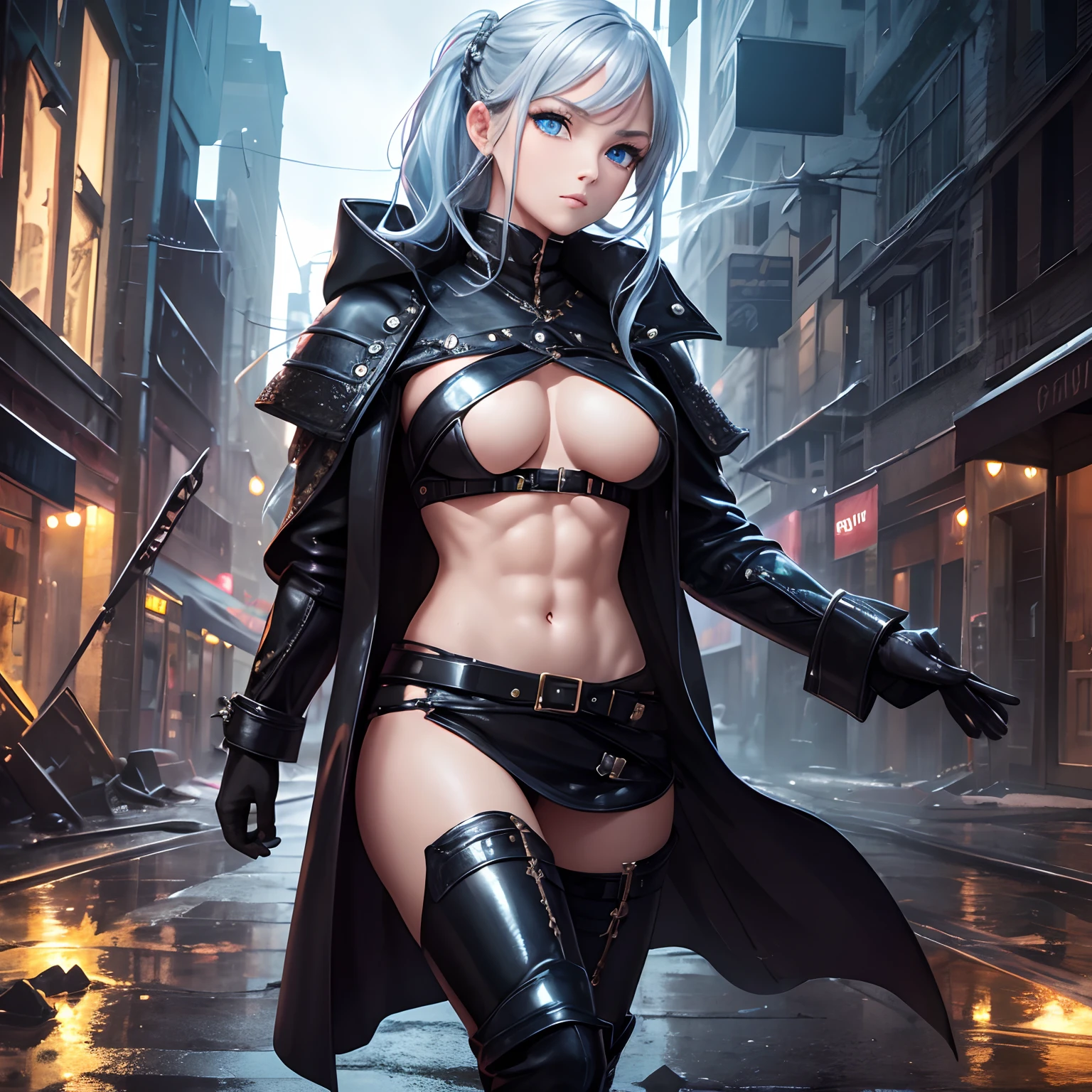 finest image, portrait, detailed and delicate depiction, a female warrior wearing a long black leather coat, sexy, beautiful, cute, abs, slender, amorous expression, lewd expression, ecstasy, orgasm, light silver glossy braided bangs short hair, light blue sparkling big eyes, double eyelids, background Northern Renaissance style, galaxy, midnight city, ruins, piles of rubble, puddles, rainbow and gold neon light many lines, iridescent, magic circle, fantasy, professional lighting