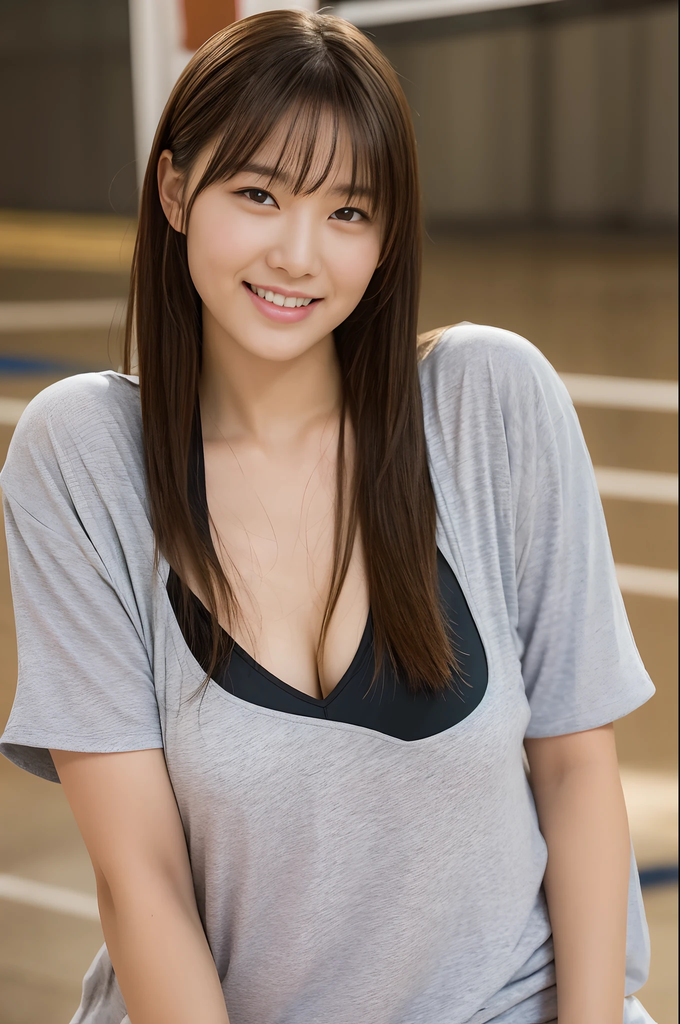 Masterpiece, top quality, ultra high definition, 1 girl, watching viewer, girl in volleyball club, sweaty cheeks, detailed skin touch, detailed fabric texture, beautiful detailed face, adult atmosphere, exposure, upper body up, blurred background, bangs, big: 1.4, smile