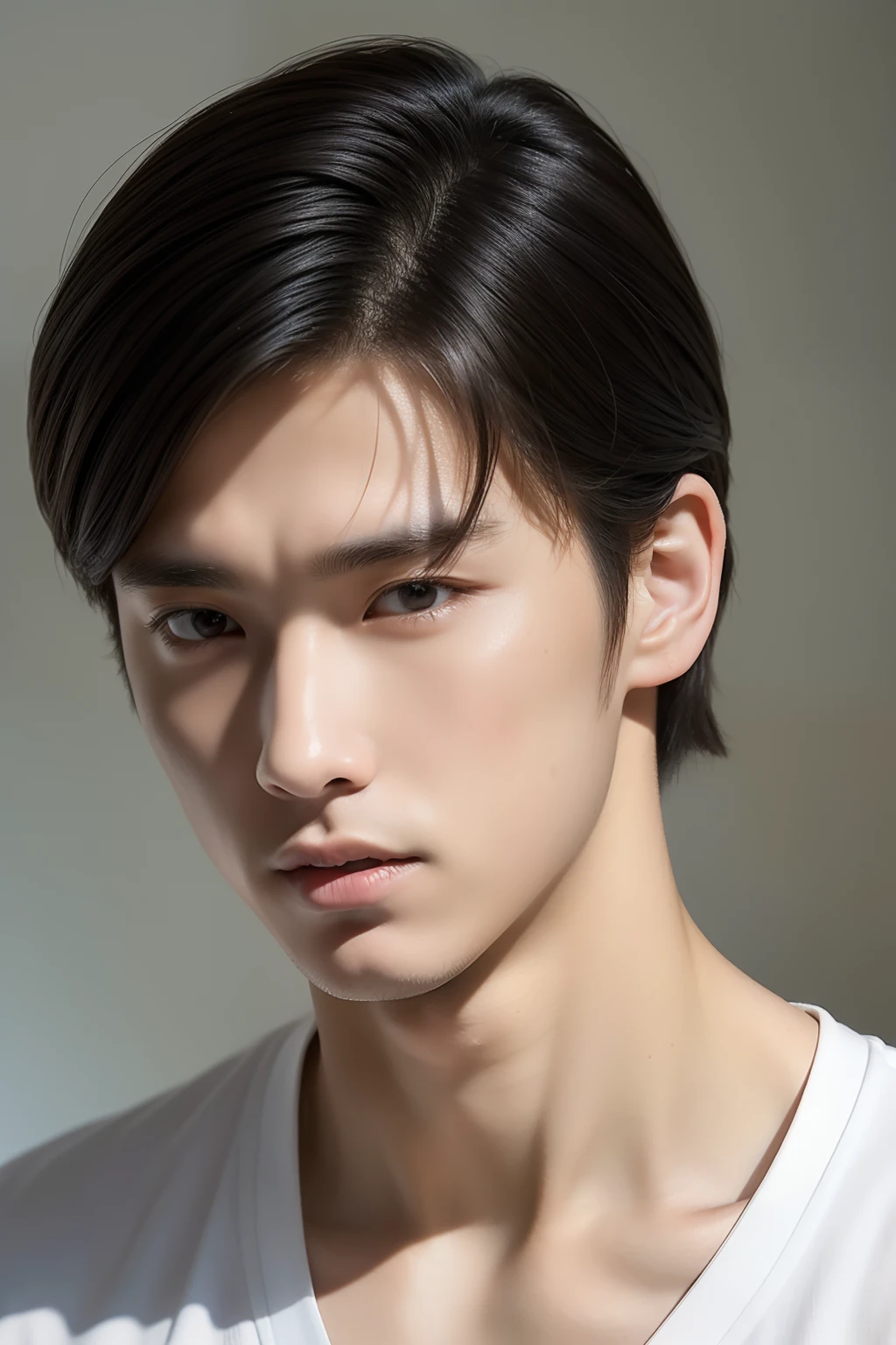 top-quality, ​masterpiece, 超A high resolution, (realisitic: 1.4), Original photo, wall-paper, Head Photo, The skin, simple background, Black eyes, detaileds, selfy, 1 boys, 18 years old, a handsome, breezing, rays of sunshine, Duan、a room、Amazing handsome man、Cute、Center Part、The long-haired、Johnny's、A face like Ryo Yoshizawa、Refreshing、not too thick eyebrows、orthodox christianity、Cold Face、musculature