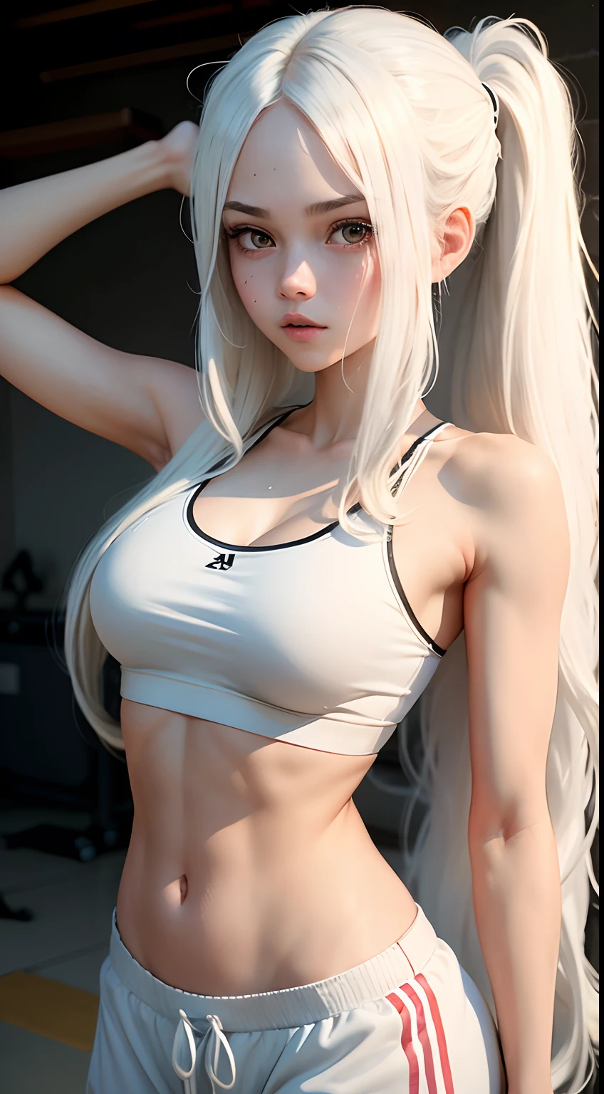 Girl with long white hair slim, cuteface, little chest, in sweatpants in a sports bra