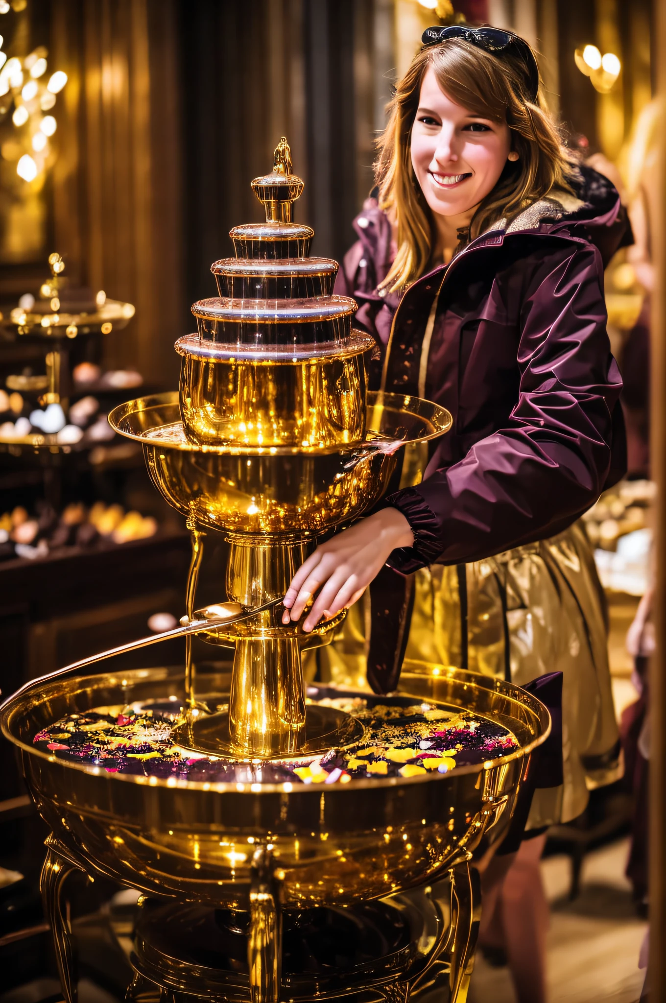 BarbaraEvenot, donning a [Google Color 1] winter jacket, marvels at a chocolate fountain at a grand banquet. The cascading chocolate, rich and velvety, draws a crowd. A [Google Glow Effect 1] accentuates the flow, making the chocolate appear as liquid gold.