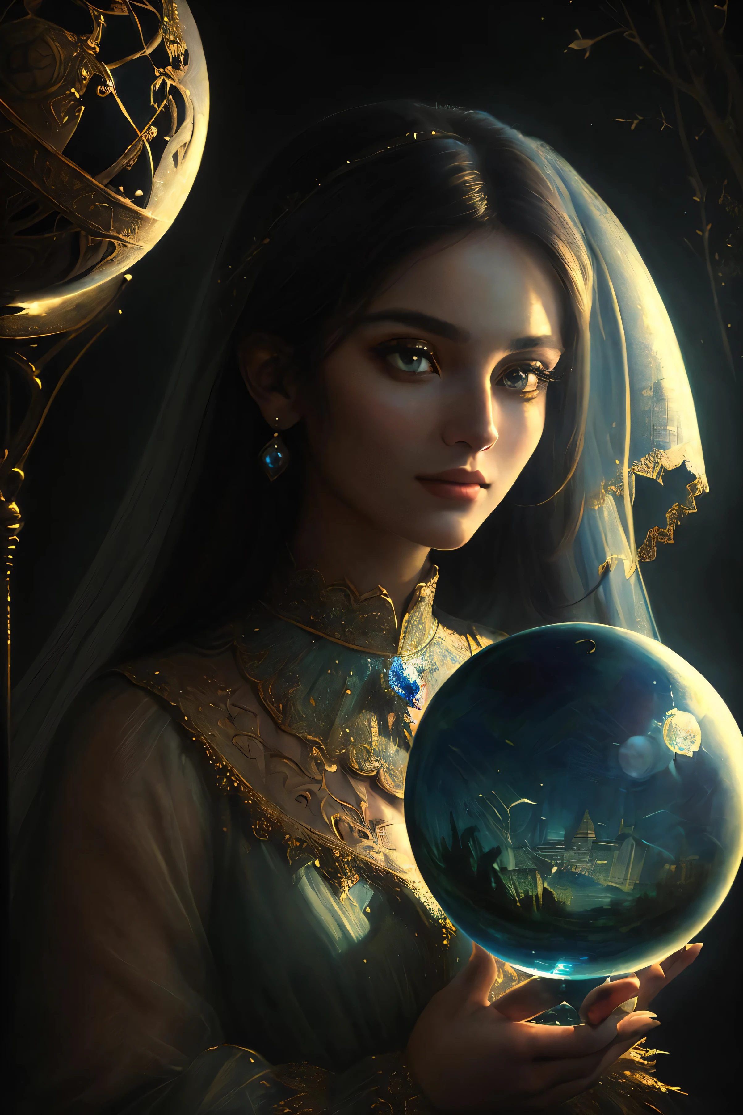 (masterpiece, best_quality, ultra-detailed, immaculate:1.3), epic, illustration, the mysterious enchantress gazes into her crystal ball. .,