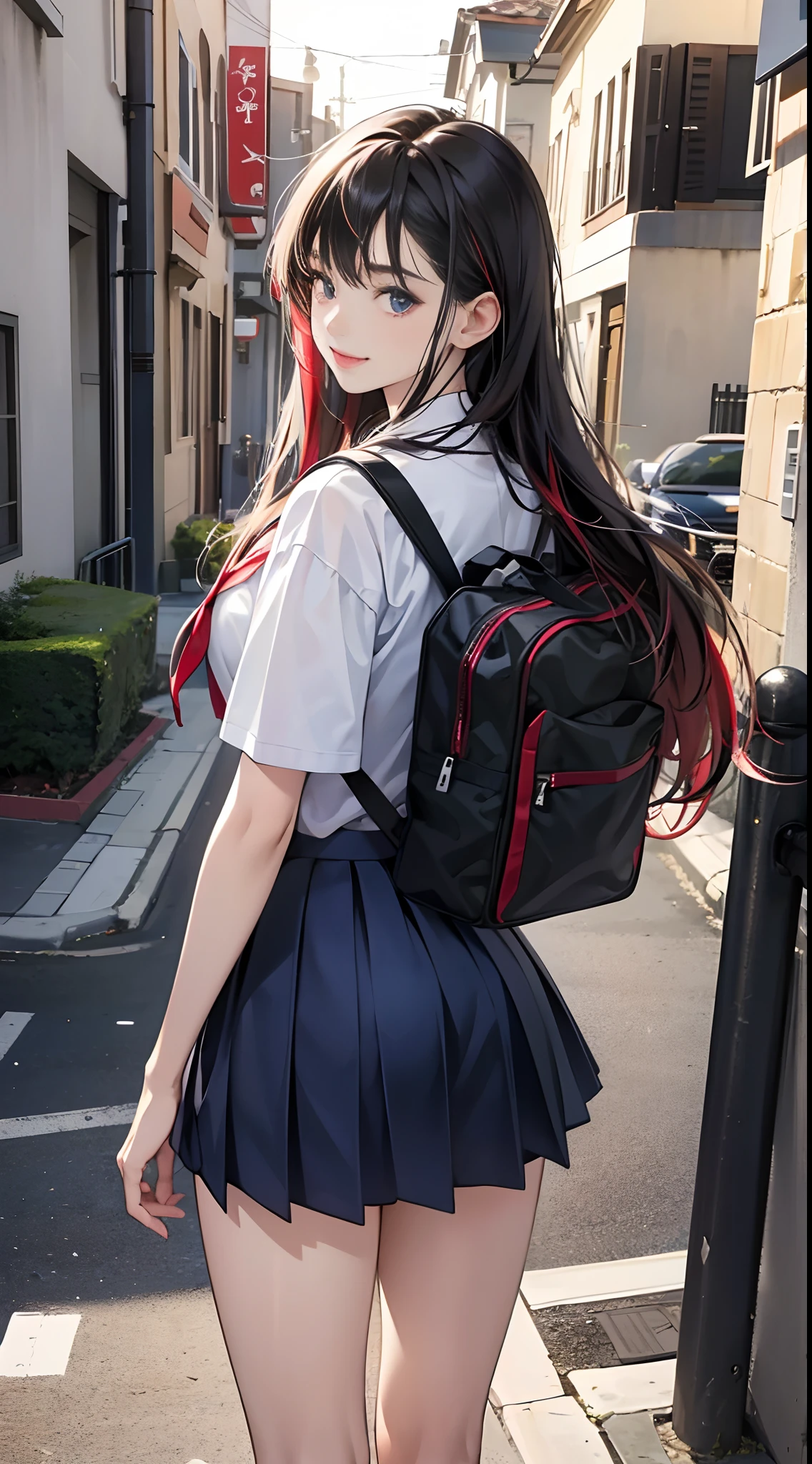 (Best Quality,4K,High resolution), 18yo woman, Red highlights on black hair, Long hair, Straight hair, Cool Woman, Cold eyes,smil , Intricately drawn, Realistic portrayal,outside of house,On the way home from school,female high-school student,School Uniforms,Navy blue skirt,summer clothing, shortsleeves,School bag,(School Bag),Strange Keychain,The large,With cute keychain,turned around ,