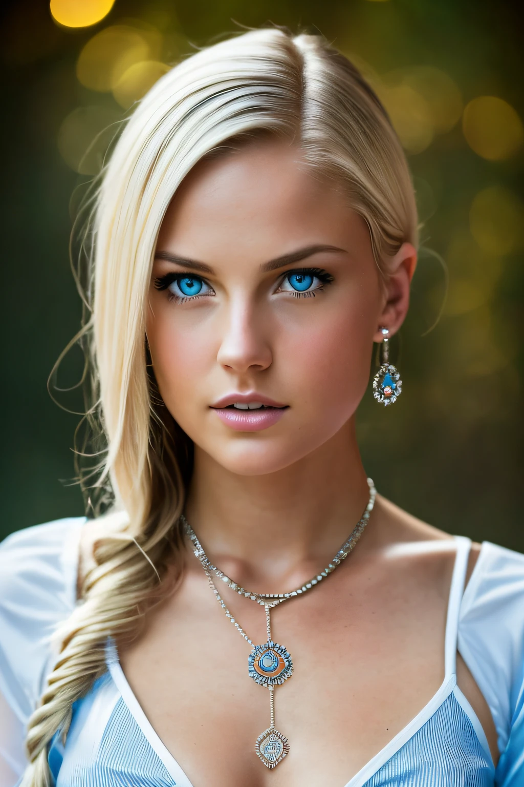 Slender, young, short blonde hair, blue eyes, in town, natural skin texture, 24mm, 4K textures, soft cinematic light, RAW photography, photorealistic, photorealistic, complex, elegant, highly detailed, sharp focus, (((cinematic look))), calm Tone, Insane Detail, Complex Detail, Ultra Detail, High Contrast, Soft Cinematic Light, Dim Colors, Exposure Blending, HDR, Faded, Cold, Waist Thin, Well-Proportioned, (8k, 4k, Top Quality, Hi-Res: 1.1), (Realistic, Photorealistic: 1.1), Girl 1 People, Solo, Twin Tails, Blonde Hair, Bangs, Long Hair, Necklace, Earrings, Lips, Eye Shadow, Jewelry, (Viewer Looking For: 1.8), Spaghetti Straps, Detail, High Contrast, from_side, srfc, stunning complex full color, wearing business clothes, full body, spectacular character composition, sharp focus, natural light, sub-surface scatter, f2, 35mm, film grain, office room with desk, make 4 images