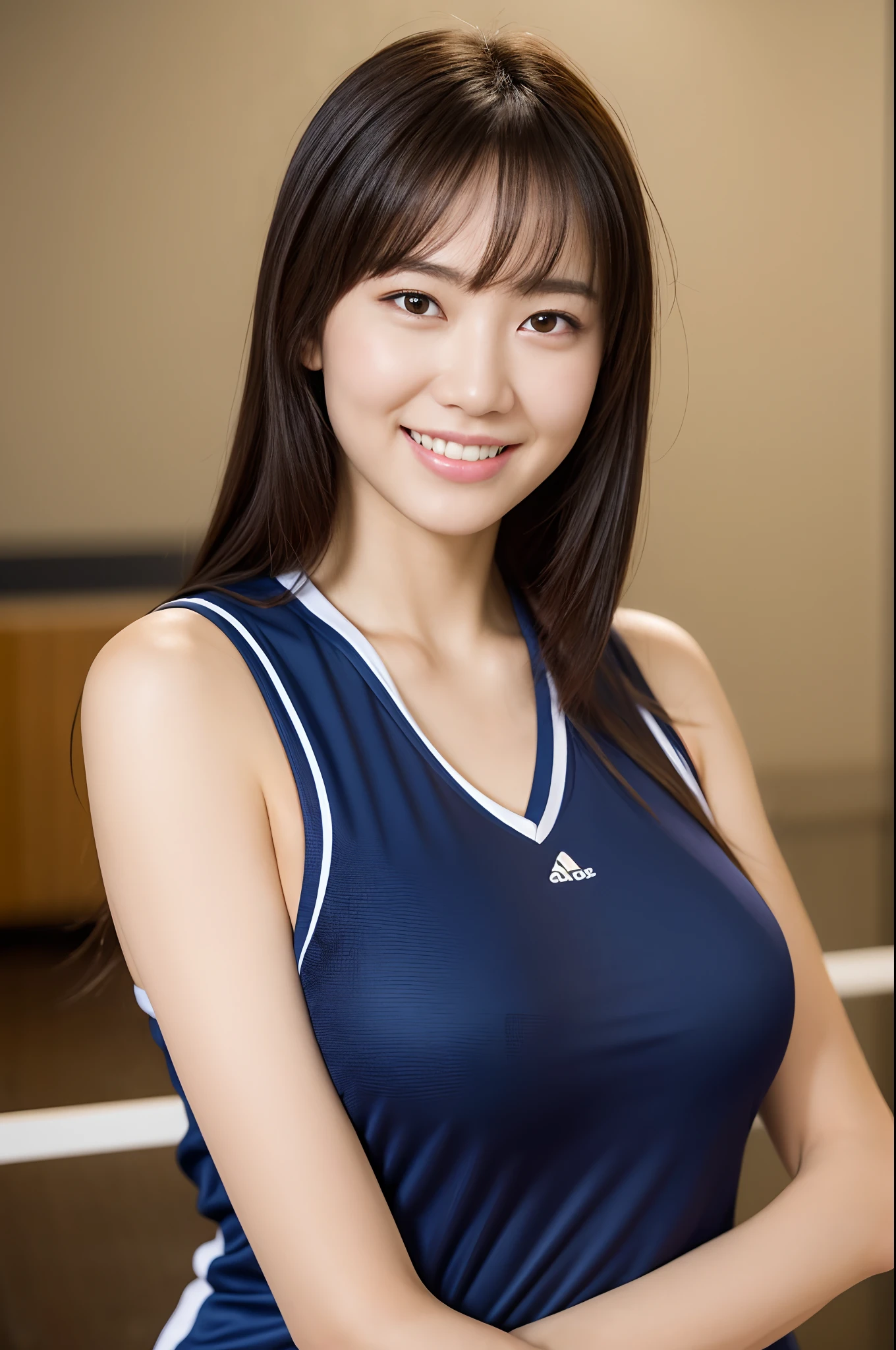 (Highest quality:1.4),(masterpiece:1.4),(Realistic:1.4),(Realistic:1.2),(超High resolution, RAW Photos:1.4),(High resolution, Very detailed:1.2),(8k:1.2),Gravure Photos,Light photography, a photo of a dark-haired,One Girl,smile, Volleyball Uniforms, Bright gym, whole body, Belly button, V-neck, ponytail