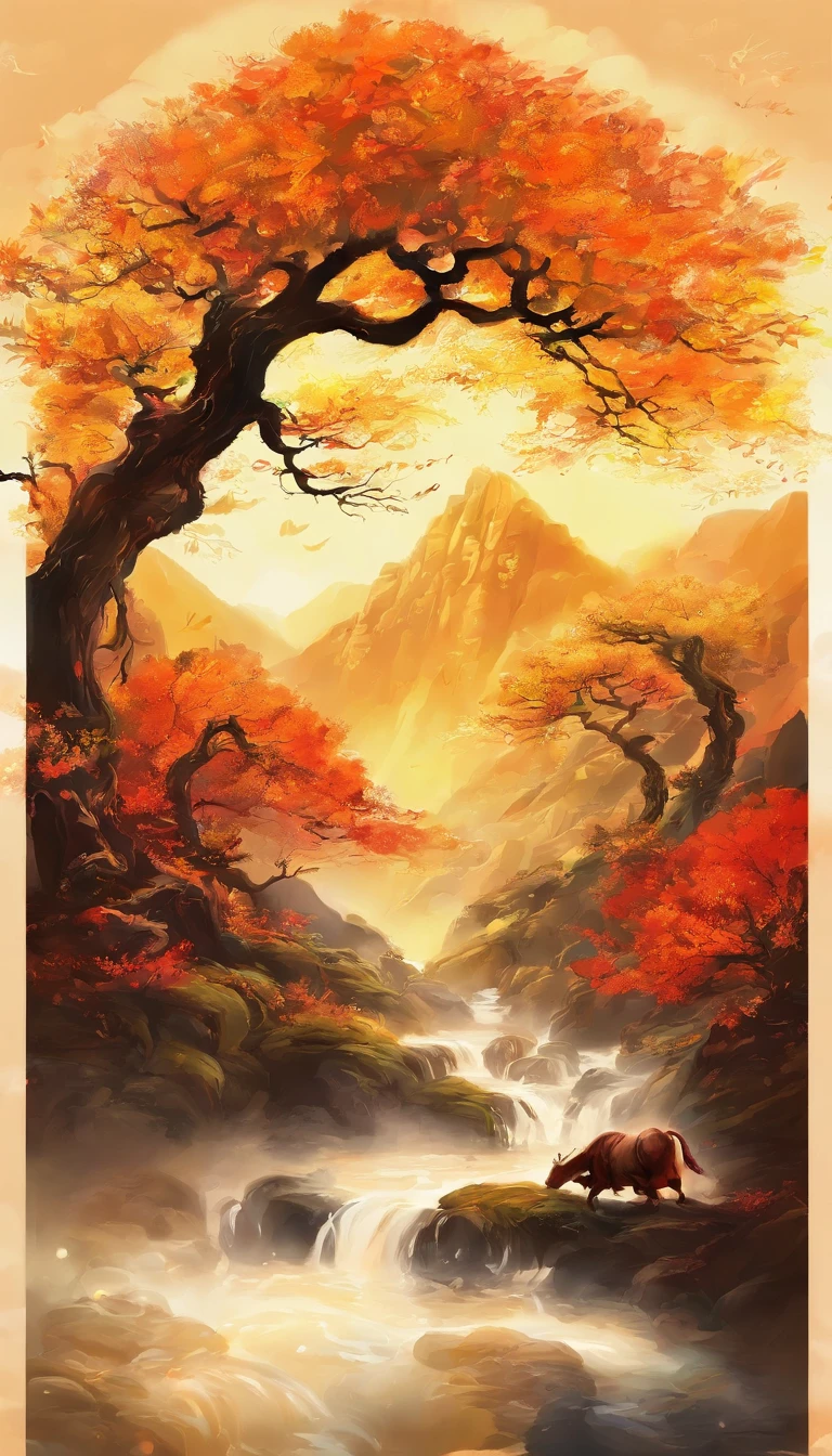 （Small bridges and flowing water，Ancient road west wind thin horse，Sunset，Broken intestines are at the end of the world）（Ancient trails lead into the distance），（A small arch bridge spans a small river，The river meanders into the distance），（The sky is windy，Fluttering yellow leaves），（A skinny white horse is pacing），（The vista is an oblique view of the sunset），（The afterglow of the setting sun shines through the clouds），（Autumn tones），（Ancient Chinese feng shui landscape painting style），（Masterpiece），（A complete painting），（Extremely detailed picture），（light and shadow effect），（Movie lighting），（cinema4d），（Light particle tracing），（rendering by octane），（Unreal 5），（Layered artistic effects），（Best Painting），（Master painting），（8K分辨率），photorealestic，realisticlying @RAY RAY