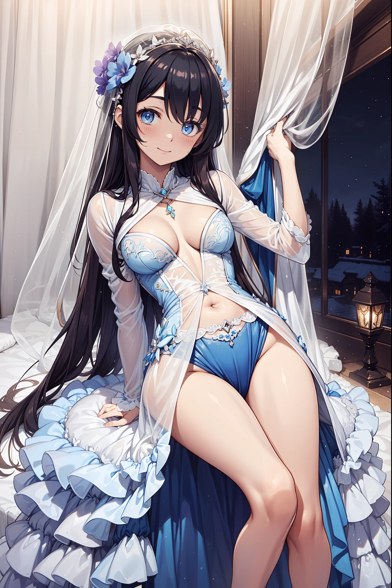 s girl,Enchanted,having fun,Being in love,divino,Light white wedding dress,Lilac cloth,see-through transparent clothes,exquisite costumes,A small amount of lace,Bedrooms,solo person,blond hairbl,pale blue color eyes,the night,