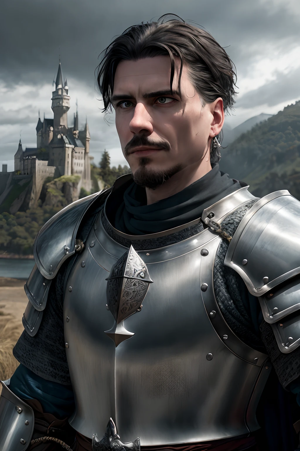 Photorealistic, Top Quality, Masterpiece, cinematic  composition, Slow motion, (medium shot of a young medieval knight, sombre and weathered face, goatee, gray hairs:1.2), chain mail and plate armour, (realistic and detailed|intricate armour:1.1), (visible face:1.3), (photorealistic physiognomy|eyes|iris|Skin|musculature, detailed skin, skin texture, natural skin), (holding his sword in his hand:1. 2), frontal perspective, imposing and determined pose, looking forward with determination, Skin imperfections, natural skin wrinkles, natural skin spots, highly detailed clothes, abundant detail, intricate details, realistic wrinkles in clothing, medieval fantasy landscape, cloudy sky, castle in the background in the distance, radiant lighting, deep-shadows, dramatic scene, dark and cool colour palette, blue and grey tones, No other characters in the scene, Abundant detail|Intricate, Detailed landscape, voluminous lighting, (detailed lighting), (detailed light reflections on armour:1. 1), 8K, Highly detailed, UHD, HDR, photorealistic facial expression|hairstyle