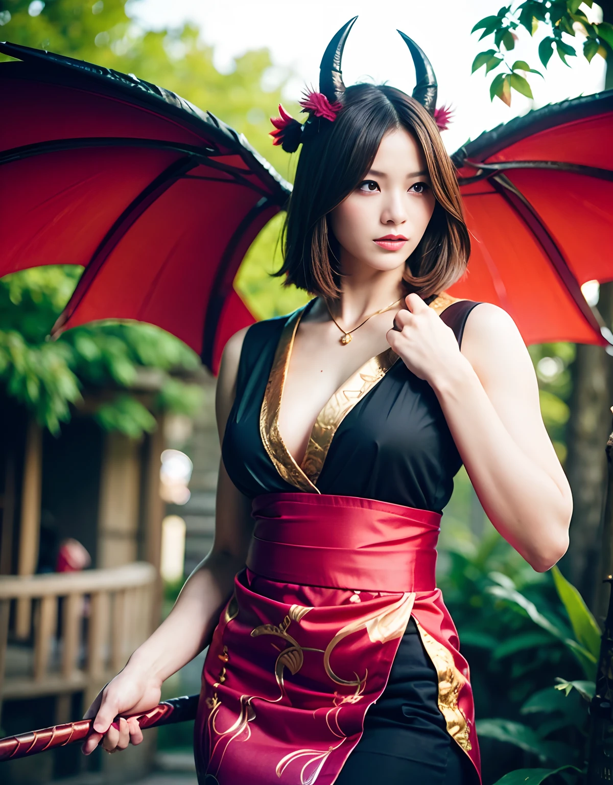 ((World of Darkness)),Professional , masterpiece、top-quality、photos realistic , depth of fields 、(Maiko's hairstyle)、(Maple background in full bloom),(Ultimate Beauty)、Red-haired、(Fight ninjas)、(Kimono with beautiful pattern)、(Night background)、((a dark night)),(Wear a beautiful kimono),(Wear a beautiful kimono with colorful floral patterns)、Jewel Gold Weapon、Particles of light),(Castle background)、Gorgeous gold weapons ,(( Gorgeous weapon Dragon Sword)) , (a dark night),,(maikurobikini) 、((Black Haired Beautiful Girl))、(Castle background)、(demonic wings)、((Gangle's forest background))、Beautiful Caucasian beauty、1a person、dynamic ungle,(((Two devil's horns on the head)))、Smaller head、Idle Smile、Thin and beautiful female hands、Mystical expression、Light Effects、intense fighting、Wind-effect、magic circles、With the legendary magic wand、Dragon's tail、Anatomically correct body、Anatomically correct fingers、