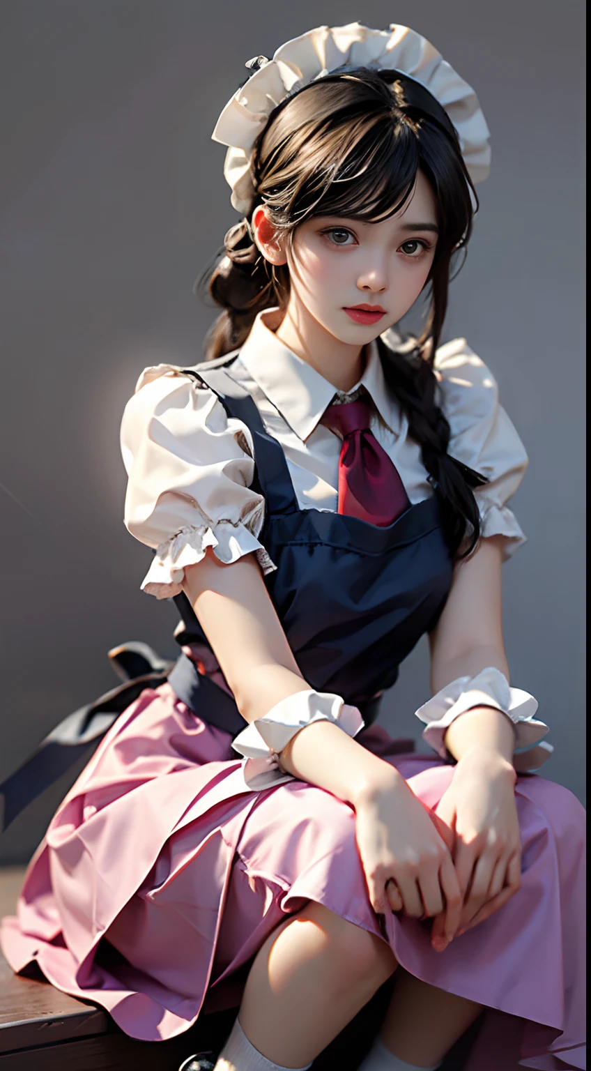 Top quality, Masterpiece, 超高分辨率, (Photorealistic: 1.4), RAW photo, 1 girl, English maid, Ruffled maid headband, pony tails, Braided hair, Ruffle blouse, Ribbon Ties, aprons, Long skirt, Puff sleeves, White silk ankle socks,frilld, Glowing skin, No gray background, Flowers, crouched
