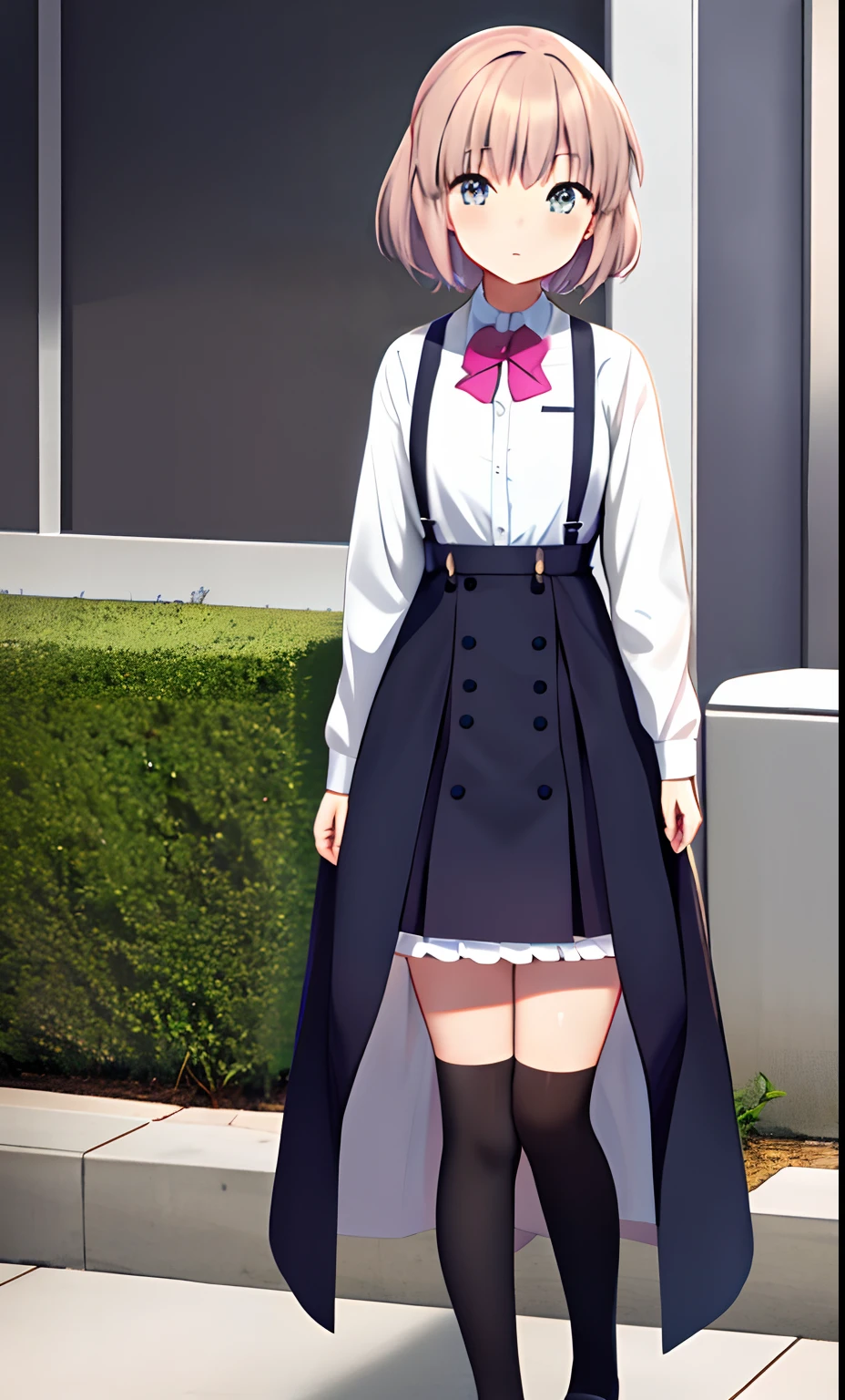Anime girl in school uniform with bow tie and suspenders, anime visual of a cute girl, anime girl named lucy, in dress, Female protagonist 👀 :8, anime best girl, saori, Single character full body, small curvaceous loliirabii, Female protagonist, anime figure, anime moe art style, anime visual of a young woman