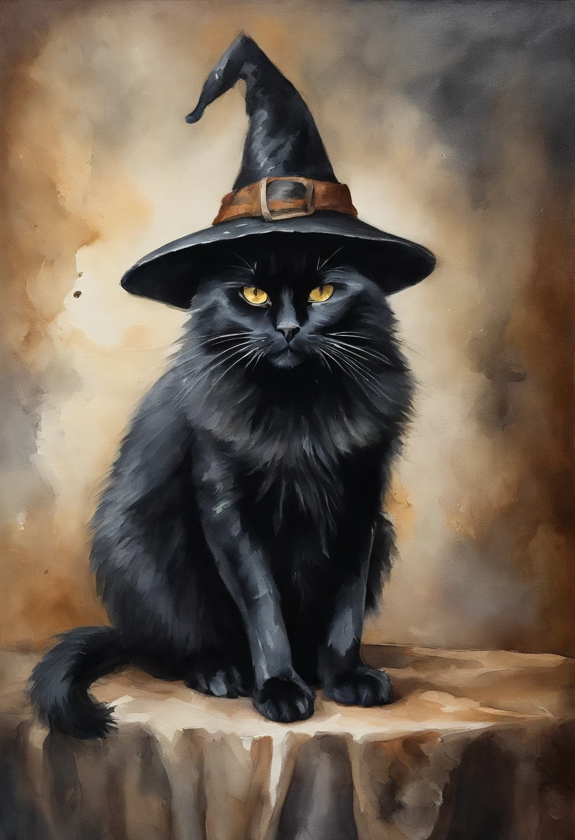 painting of a black cat wearing a witch hat, oil painting of cat witch, cat witch, archwizzard in a hat, scarry but bewitching, witchy, ( ( ( black witch hat ) ) ) ), cat with a hat, bewitching, classical witch, portrait of a witch, in a painting of a cat, witch's hat