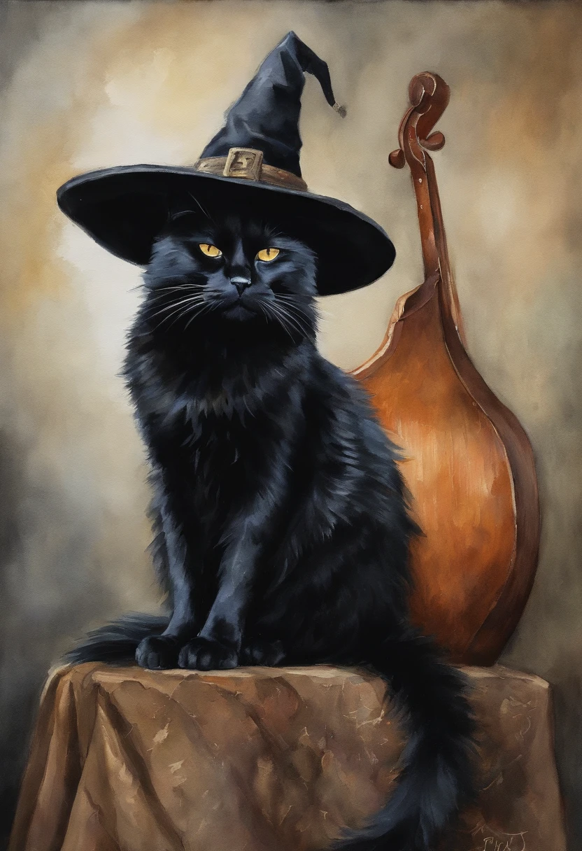 painting of a black cat wearing a witch hat, oil painting of cat witch, cat witch, archwizzard in a hat, scarry but bewitching, witchy, ( ( ( black witch hat ) ) ) ), cat with a hat, bewitching, classical witch, portrait of a witch, in a painting of a cat, witch's hat