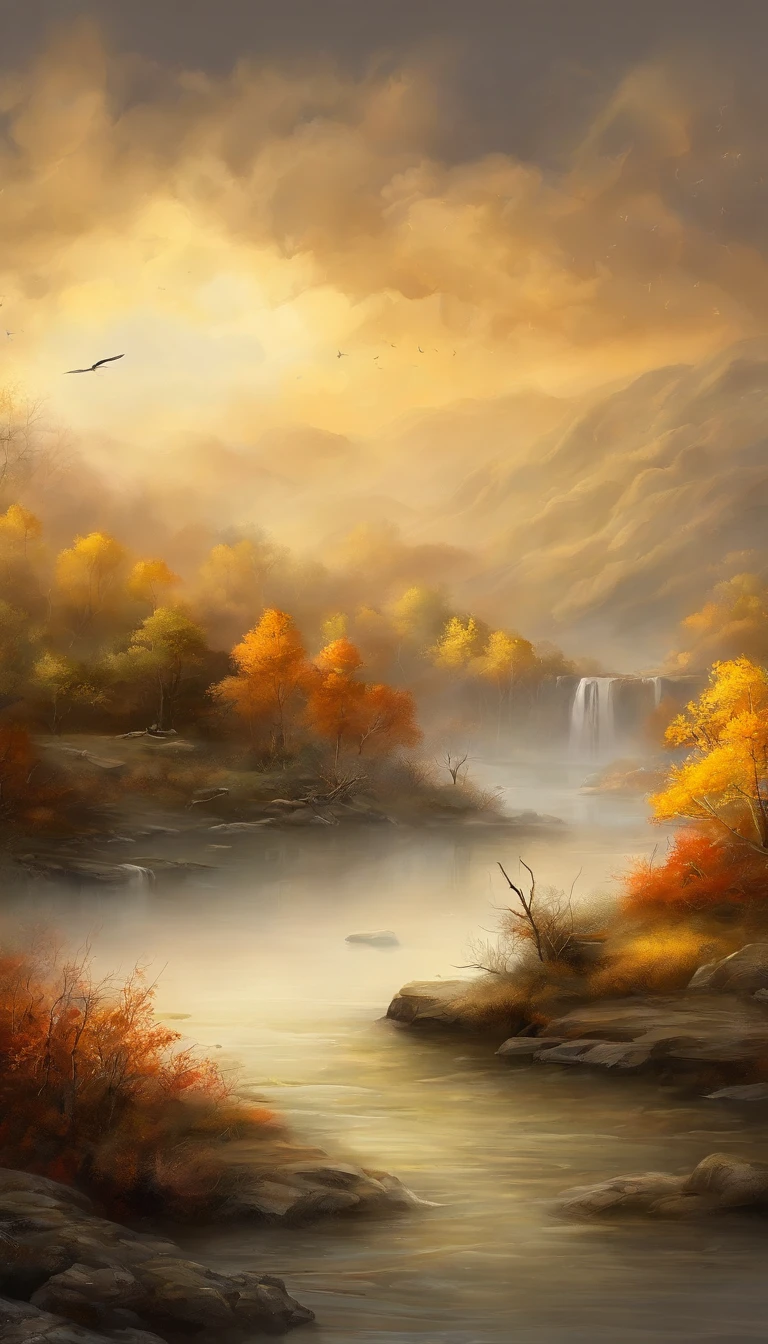（Small bridges and flowing water，Ancient road west wind thin horse，Sunset，Broken intestines are at the end of the world）（Ancient trails lead into the distance），（A small arch bridge spans a small river，The river meanders into the distance），（The sky is windy，Fluttering yellow leaves），（A skinny white horse is pacing），（The vista is an oblique view of the sunset），（The afterglow of the setting sun shines through the clouds），（Autumn tones），（Ancient Chinese feng shui landscape painting style），（Masterpiece），（A complete painting），（Extremely detailed picture），（light and shadow effect），（Movie lighting），（cinema4d），（Light particle tracing），（rendering by octane），（Unreal 5），（Layered artistic effects），（Best Painting），（Master painting），（8K分辨率），photorealestic，realisticlying @RAY RAY