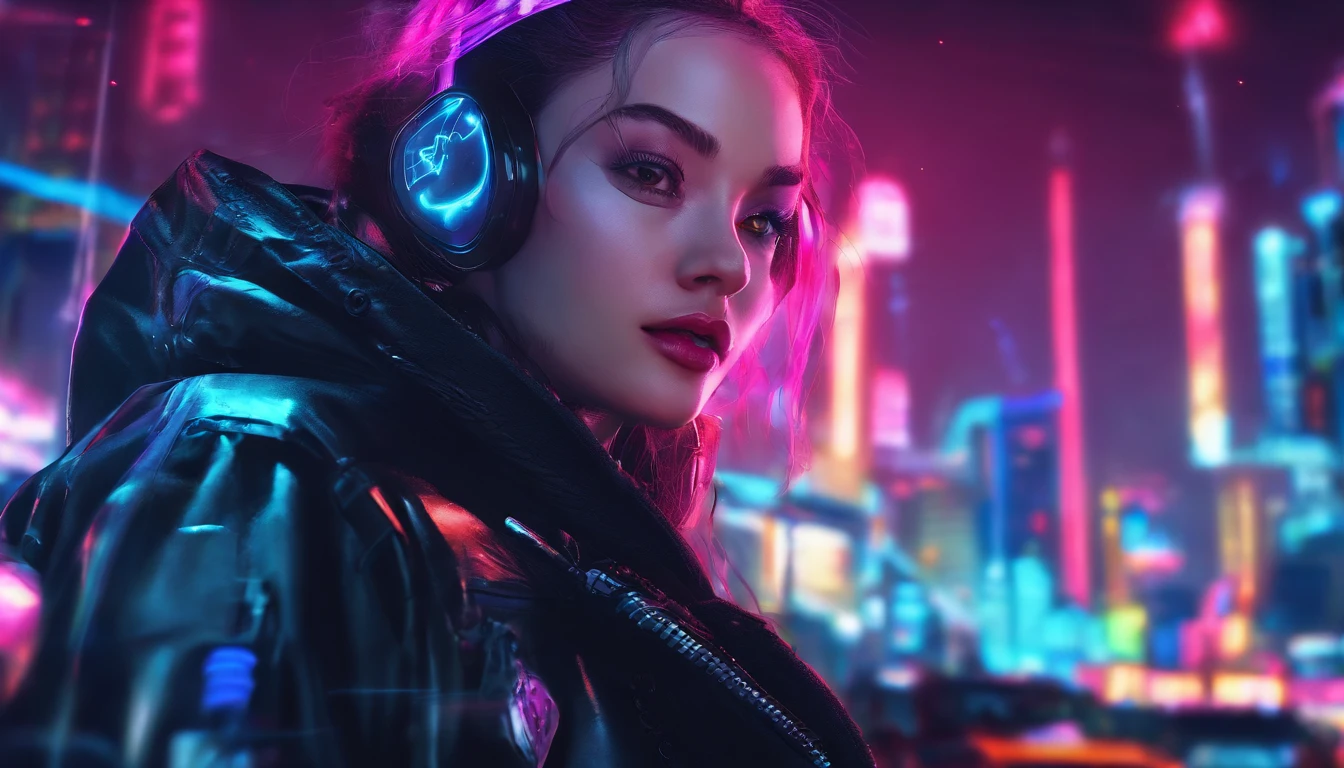 Beautiful woman smiling enjoying night view on futuristic vehicle in futuristic world。The bright lights of the building illuminate the beauty。Faces are realistic。3d anime。