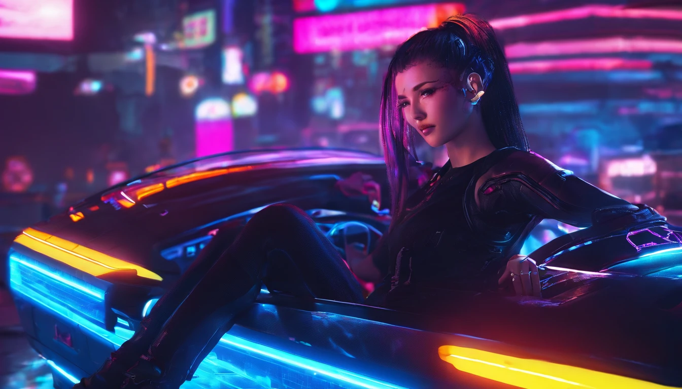 Beautiful woman smiling enjoying night view on futuristic vehicle in futuristic world。The bright lights of the building illuminate the beauty。Faces are realistic。3d anime。