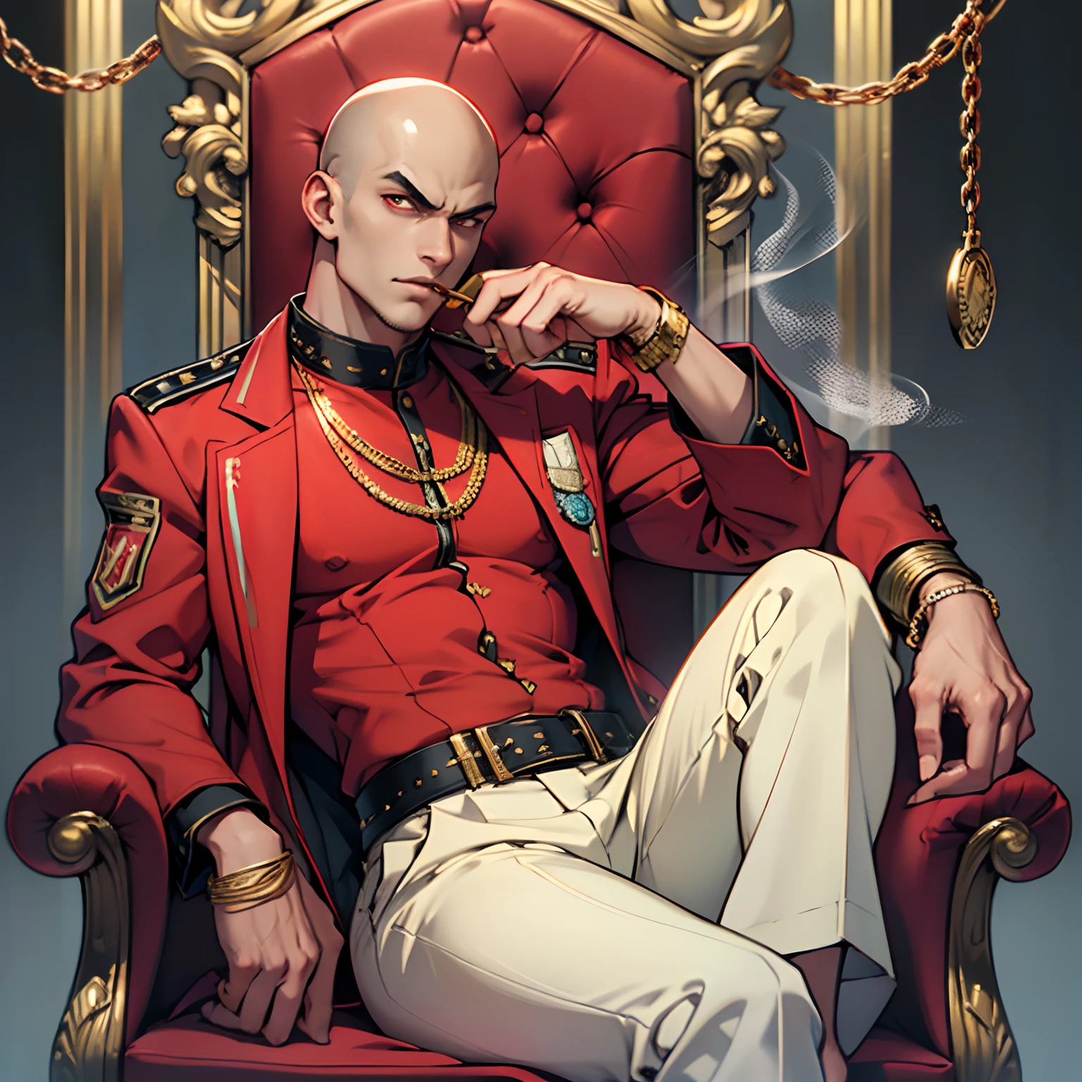 Masterpiece, Best quality, Ultra-detailed, Oriental man, Solo, looking at viewert, evil look, (Curvy: 1.1), Red jacket, Red pants, No hair, Bald, Big red eyes, neck rings, Armband, Bracelet, (chain: 1.1), (gold: 1.3), (Gold finish: 1.2), Legs open, Sitting, Arm Raised, full bodyesbian, anklet, Barefoot, sitting on an royal throne, smoking a cigar, Background city Brasilia