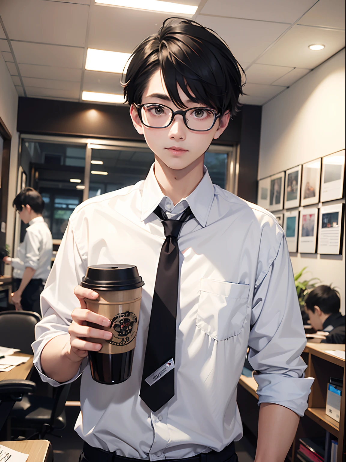 1boy,11 only、(Man's :2),(bobhair:1.5)、A dark-haired、Drinking coffee、Brightly colored ties、Cluttered office、evening lighting、hightquality、masutepiece,8K,hight resolution、