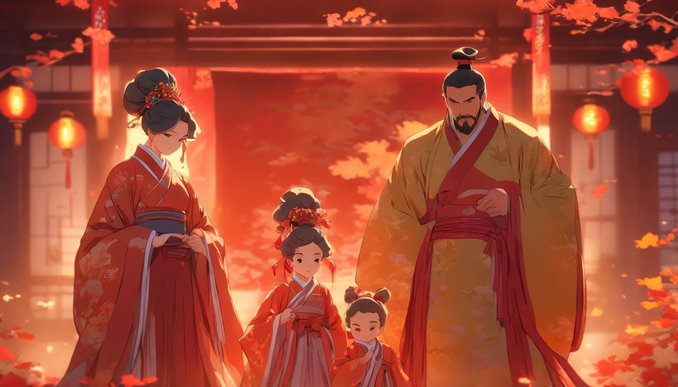 A family of three with parents and girl in period costume Chinese style