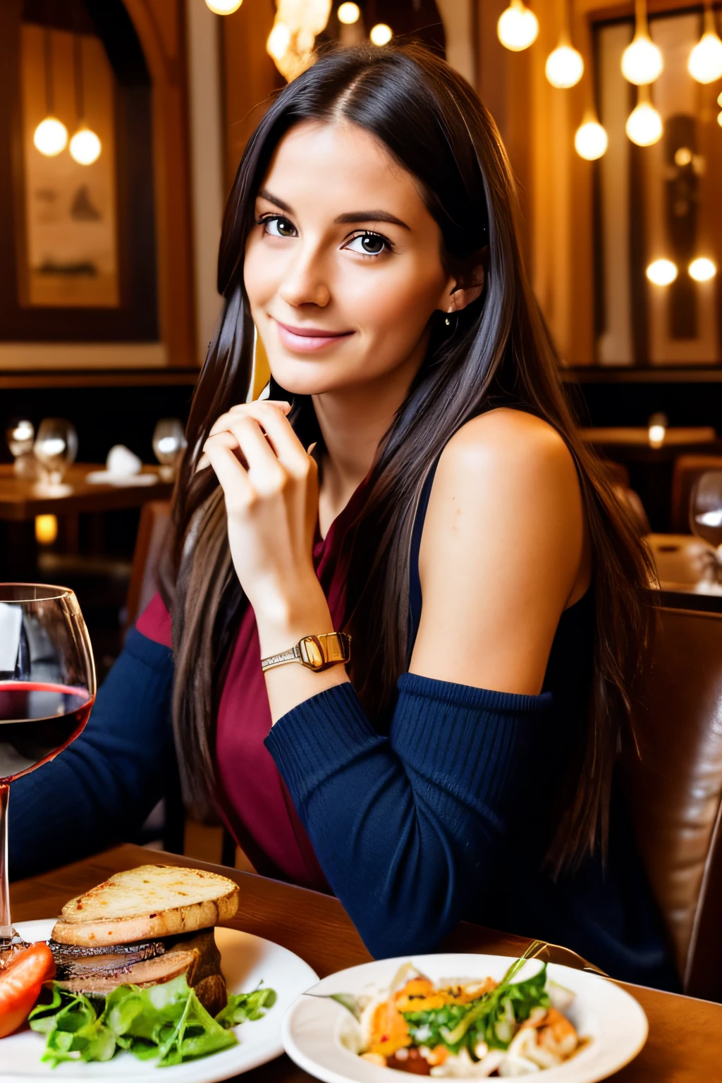 European travel girl, 30 years old, sitting in a restaurant, with food, wine glass, looking straight at the camera