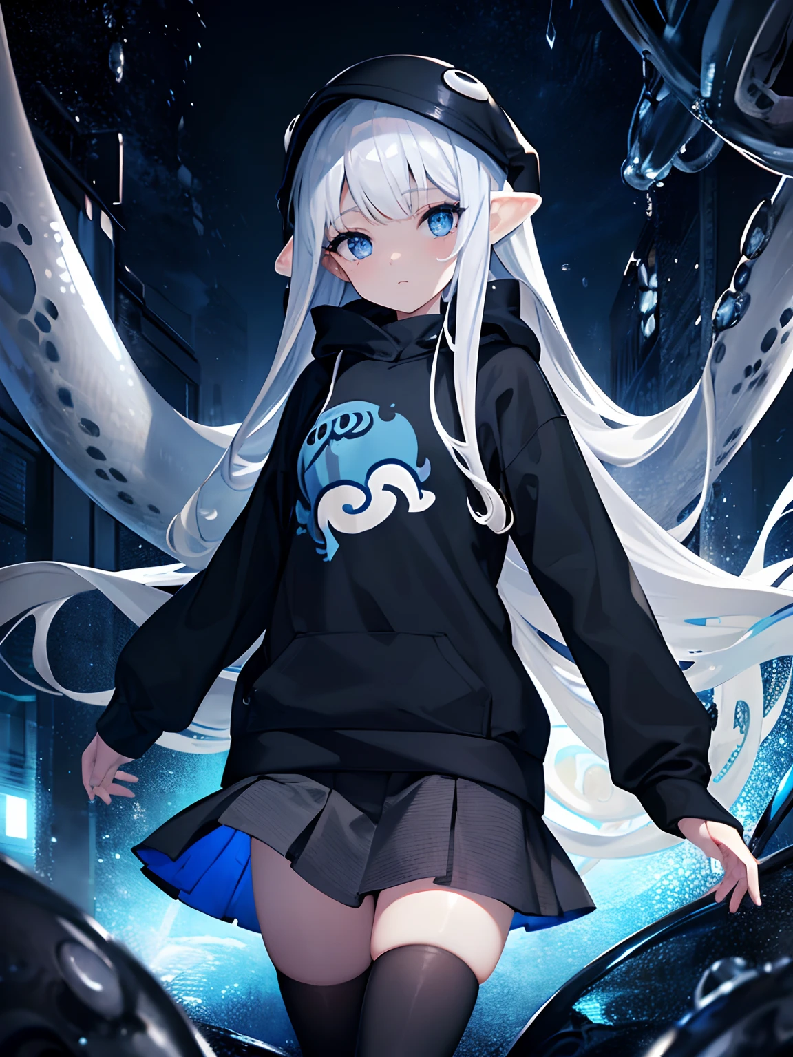 (Masterpiece, Best quality, ultra high resolution),1girl,beautiful and detailed face, detailed eyes,(squid girl,tentacles),black sweatshirt,medium skirt, night,((grey and blue theme)),