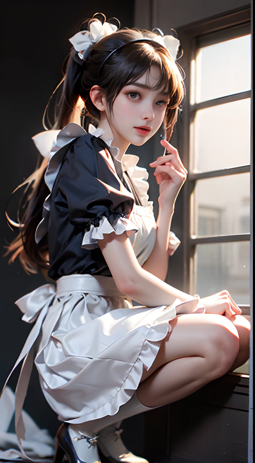 Top quality, Masterpiece, 超高分辨率, (Photorealistic: 1.4), RAW photo, 1 girl, English maid, Ruffled maid headband, pony tails, Braided hair, Ruffle blouse, Ribbon Ties, aprons, Long skirt, Puff sleeves, White silk ankle socks,frilld, Glowing skin, No gray background, Flowers, crouched