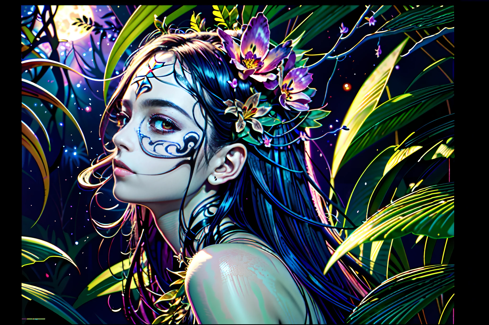 dark fantasy jungle, (((impressionism))), ((nebula in nebula)), rococo, flower, glow moon in galaxy, (phoenix:1.2), slant eyes, portrait, from side, masterpiece, top quality, best quality, highest quality, intricate detail, extremely detail, intricate detailed texture, (intricate delicate tach:1.1), full color, gel ink, 32k resolution, high contrast, tonal contrast, beautiful, concept dreamy, justice, (((tachism and Neo-realism:1.1))), beauty smoke eyes, ((looking above:1.1)), shadows, extremely delicate hair drawing, smooth and flowless skin, (fantasy jungle background intricate detail:1.3), divine creation, glorious, inculcate, hipness purgatory, ((neuron nature:1.3)), (very sharp rendering:1.2), highly clear rendering process, hierarchical multilayer,