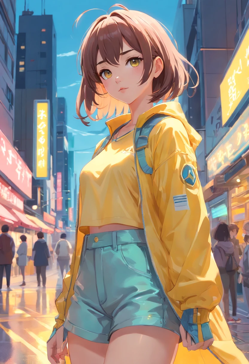 idea, Art girl who loves to express herself through fashion choices. She has a keen eye for detail,combining different shades of yellow,、I like to create eye-catching colors。, futuristic look. She often incorporates unusual elements, Metal decorations, holographic details, etc., Incorporate into her outfit,Give them a special personality. Ray tracing, 32K, hyper HD, Glaring, rendering by octane, Illusion Engine, Alisa Daniel Model Pastel Color Glossy Candy Color, full body Esbian, dynamicposes, Full Light, Fantasy, Deviant art, conceito, Illustration, high-sense illustration, illumination, 8K, masutepiece, Best Quality, Reflective cloth, Highly detailed pointers, blush, Aesthetic, Fashion Sketch