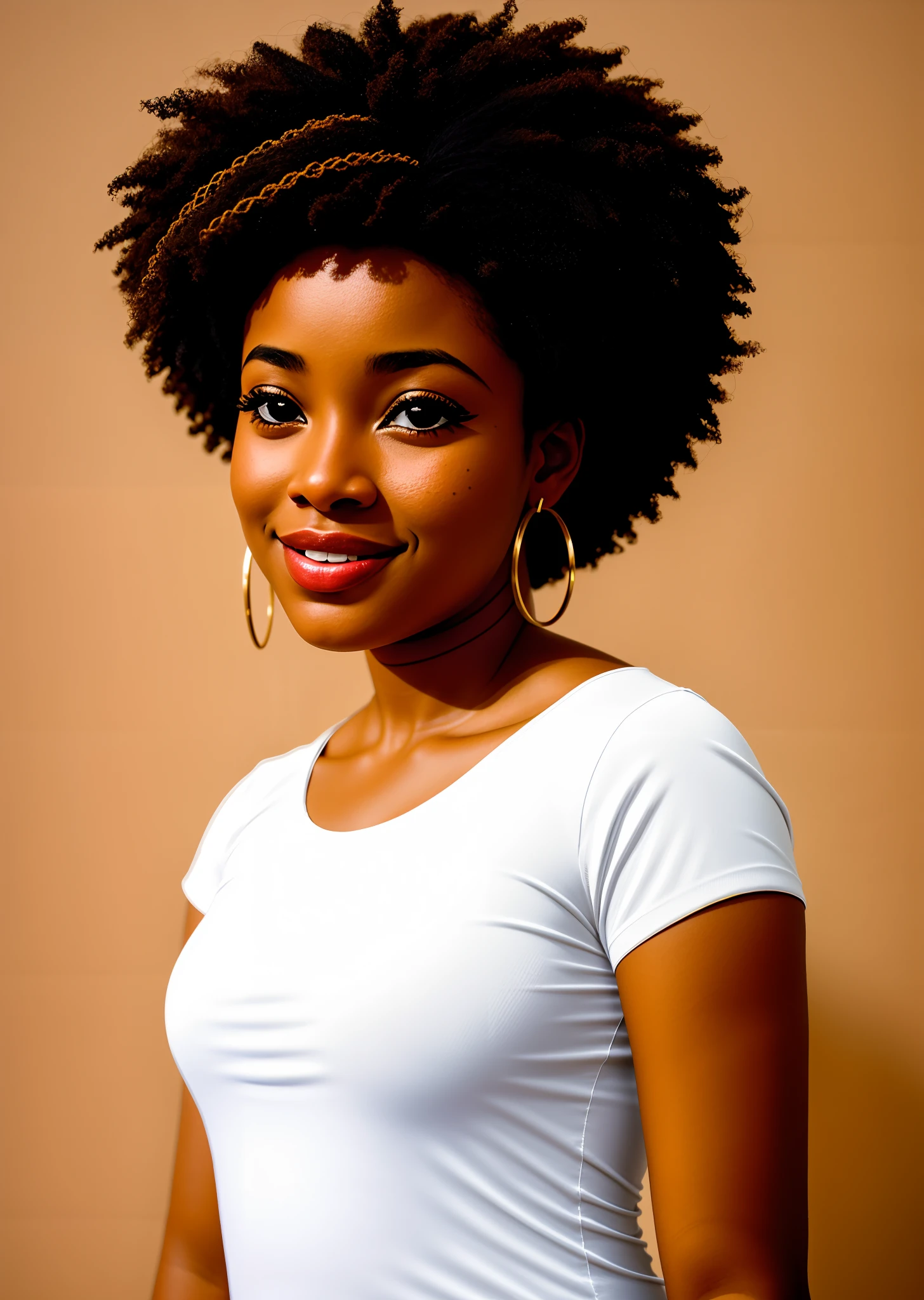There's a woman in a white shirt and earrings smiling, retrato de alta qualidade, Menina africana de pele clara, Retrato digital, jovem mulher negra, Retrato de Arte Digital, por Ella Guru, Retrato bonito, inspirado em Chinwe Chukwuogo-Roy, Mulher jovem afro-americana, Retrato headshot, Directed by: Chinwe Chukwuogo-Roy, Foto retrato realista