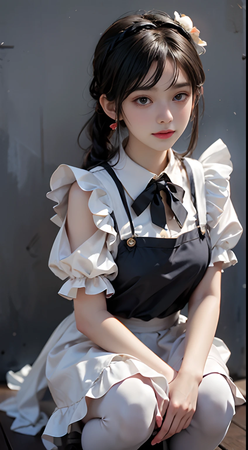 Top quality, Masterpiece, 超高分辨率, (Photorealistic: 1.4), RAW photo, 1 girl, English maid, Ruffled maid headband, pony tails, Braided hair, Ruffle blouse, Ribbon Ties, aprons, Long skirt, Puff sleeves, White silk ankle socks,frilld, Glowing skin, No gray background, Flowers, crouched