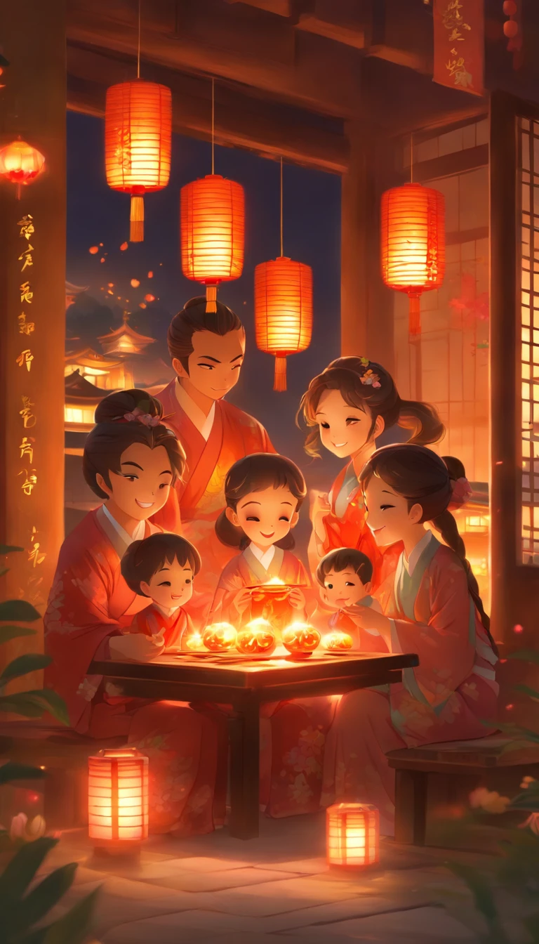 mid-autumn festival,The family sits together,Eat mooncakes,Some give gifts to their parents,Light shines through the windows, Cast a soft glow on everyone's face. The family laughed and chatted, Children give gifts to their parents,