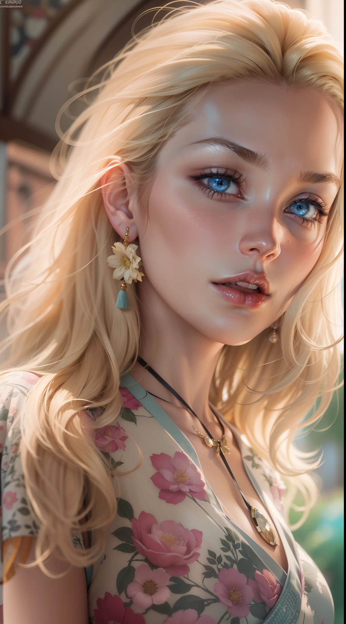 Blonde woman with blue eyes and floral dress posing for a photo, gorgeous digital painting, deviantart artstation cgscosiety, realistic digital painting, Realistic Digital Art 4k, realistic digital art 4k, amazing digital illustrations, beautiful digital paintings, photorealistic digital painting, beautiful digital illustrations, realistic digital illustration, beautiful digital artwork, stunning digital paintings