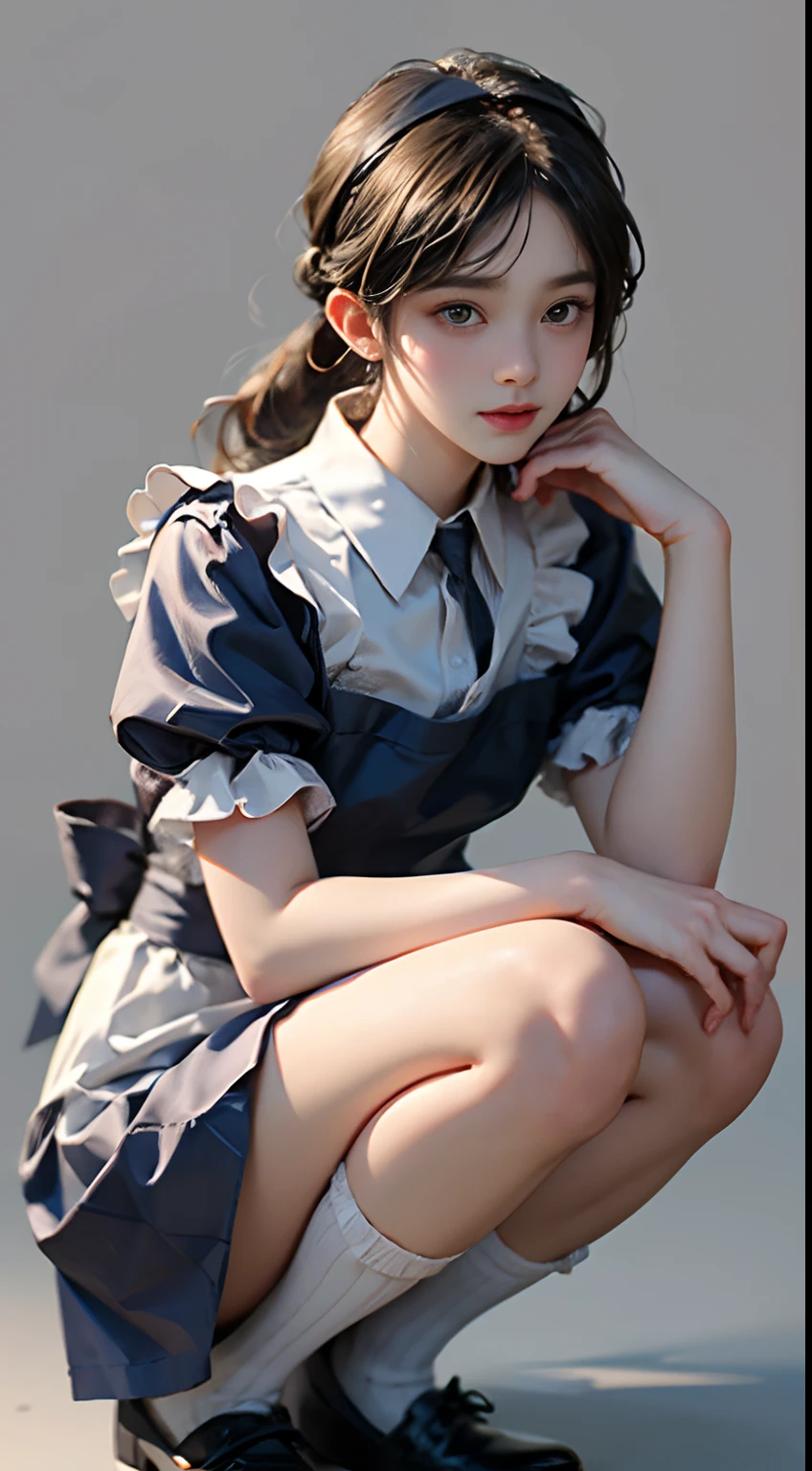 Top quality, Masterpiece, 超高分辨率, (Photorealistic: 1.4), RAW photo, 1 girl, English maid, Ruffled maid headband, pony tails, Braided hair, Ruffle blouse, Ribbon Ties, aprons, Long skirt, Puff sleeves, White silk ankle socks，frilld, Glowing skin, No gray background, Flowers, crouched