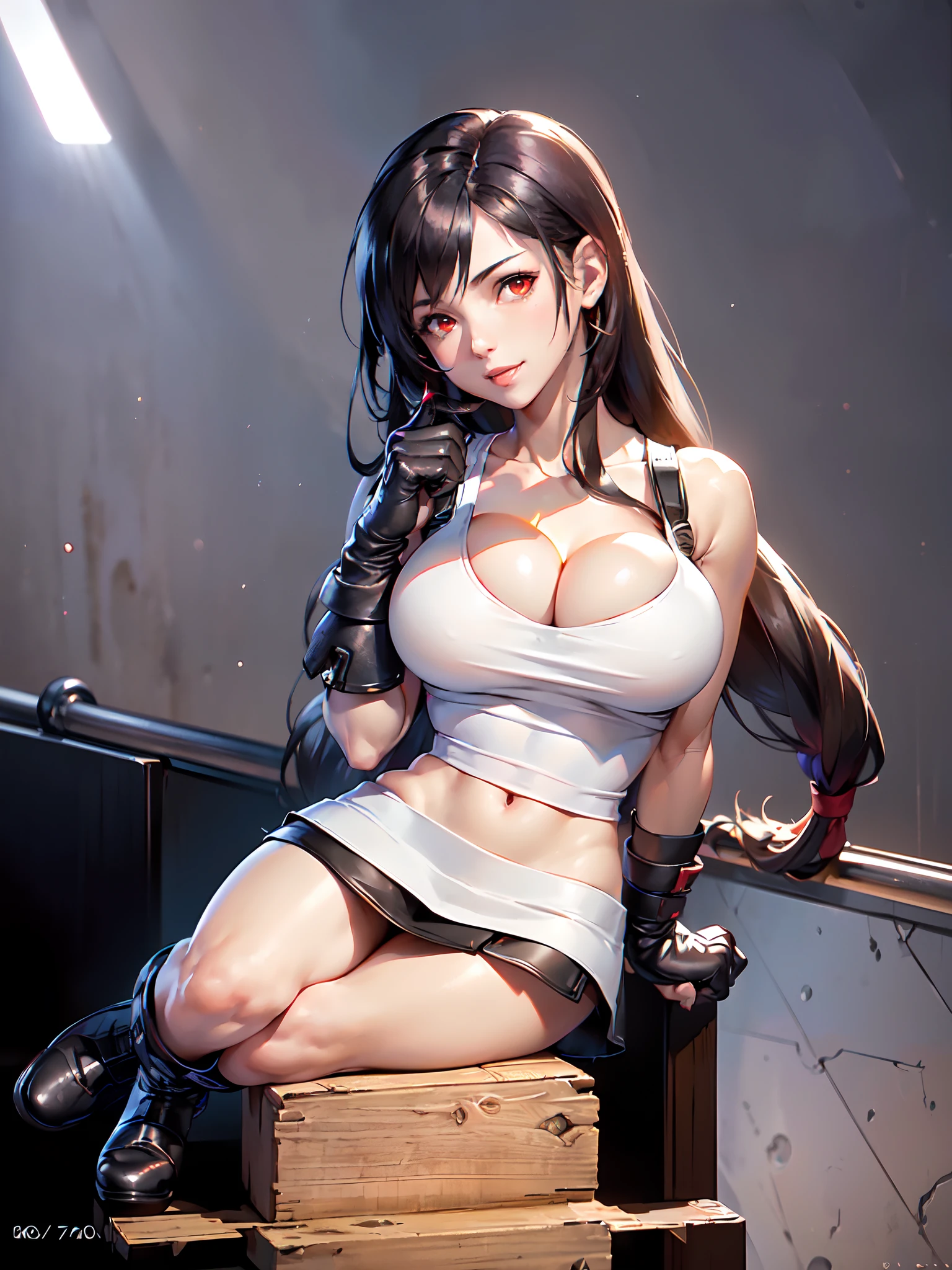 (8k, best quality, masterpiece:1.2), (realistic, photo-realistic:1.37), ultra-detailed, 1 girl,cute, solo, (tifa lockhart), ((huge breasts:1.6),(beautiful detailed eyes), (smile:1.4), winking (closed mouth), erotic pose, outside an industrial factory, depth of field, dark intense shadows, sharp focus, depth of field, good composition, Final Fantasy VII, (white tank top:1.3), (black leather mini skirt:1.3) (red gloves and boots) (full body:1.5), head rest, lips, pretty face, ((red eyes:1.3)), (night:1.2), intricate, bokeh, (Tetsuya Nomura style), nsfw, perfect breasts, view from below