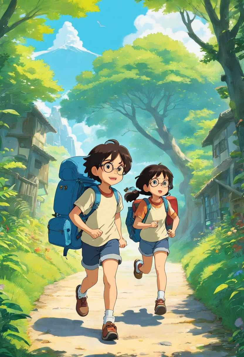 the little explorer, multiple poses and expression on white background, children's book illustration style, simple, cute, 10 years, full colors, black hair, light skin, sport club internacional short-sleeved shirt, denim shorts, no belt, no hat, no book, with glasses, with backpack, from brazil, no beard.