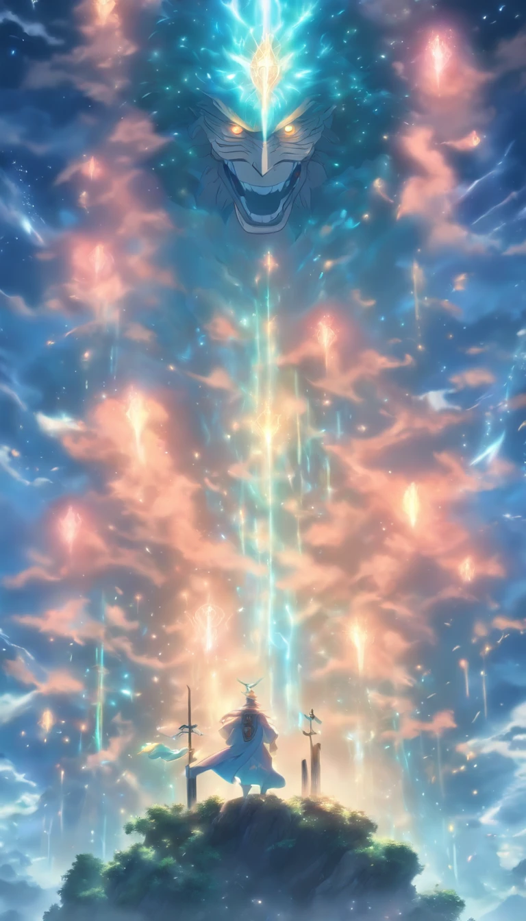 /imagine prompt: An excited elder standing on a high platform, with a cunning gleam in his eyes, surrounded by a misty forest where two floating female figures can be vaguely seen in the darkness, the elder holds a staff with strange runes shimmering, filled with power, ,32k, best quality, masterpiece, super detail, high details, by Makoto Shinkai ,in the style of the stars art group xing xing, --niji 5"