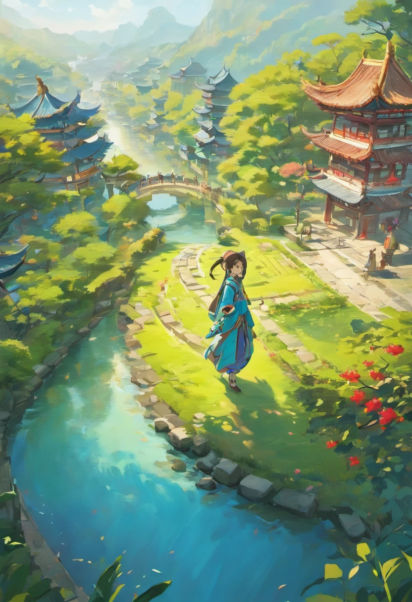 (Best quality, 4K, Ultra-detailed, Realistic:1.37), Isometric game map, Chinese architecture, Riverside Park, Breathtaking landscapes, Immersive environments, Vibrant colors, Realistic lighting, Stunning details, Traditional elements, Lively atmosphere, Dynamic composition, Intricate pathways, Intricate landscape design, Intricate urban layout, Impressive landmarks, bustling crowd, Tranquil water reflection, Lush greenery, Vibrant flowers, Traditional Chinese gardens, A harmonious blend of nature and architecture. [ down view ]!!,Top view map,Qingming Shanghe Park