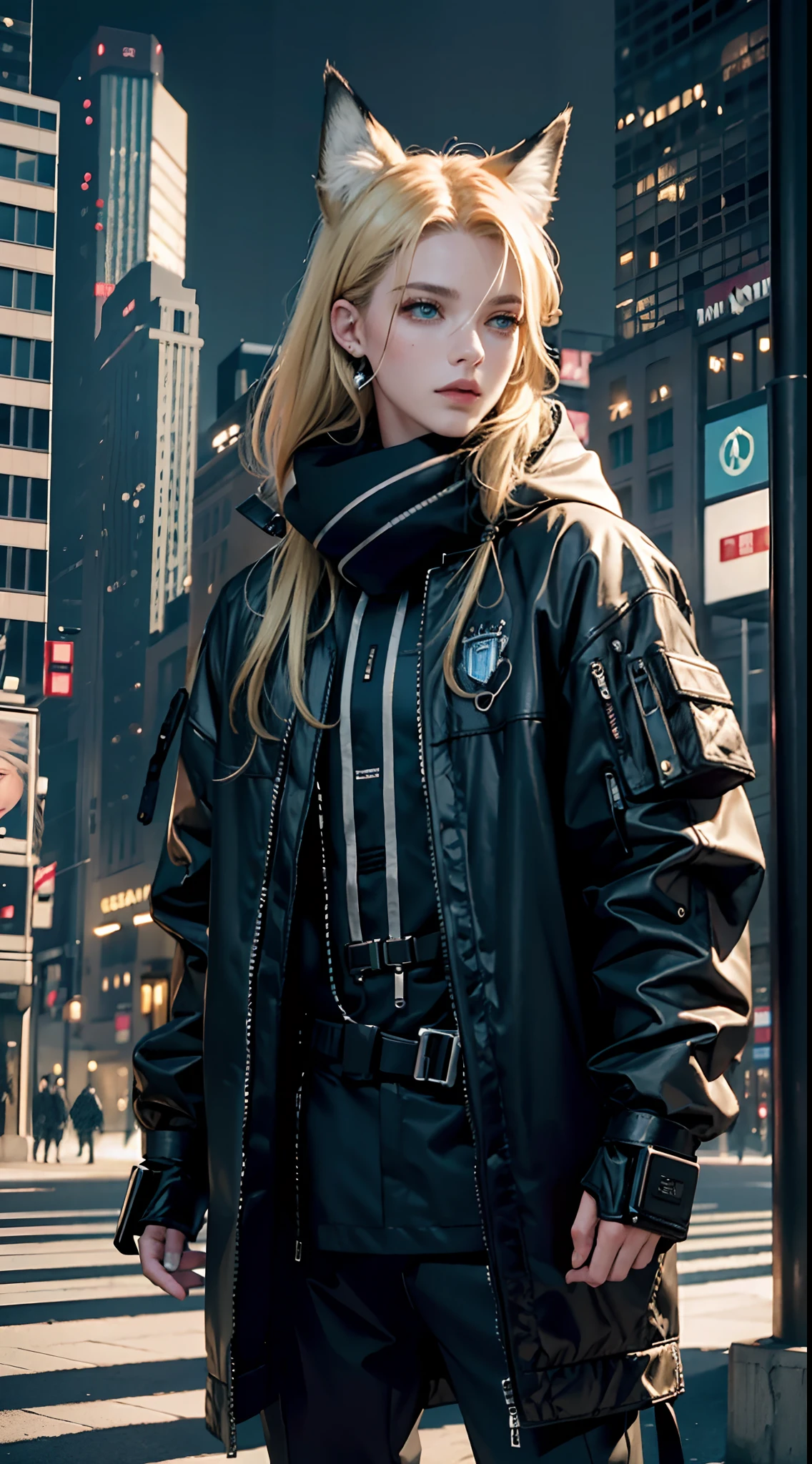 realistic, (masterpiece, top quality, best quality, official art, beautiful and aesthetic:1.2), extremely detailed,fractal art,colorful,highest detailed,zentangle, (1Character:1.3) Handsome man , blonde hair , long hair, green eyes , has fox ears ,skinny , age 26 , Long blue coat , black pants , a white scarf, techwear, high fashion , city wear , , techwear, high fashion , city wear , ,((futuristic city background:1.4))