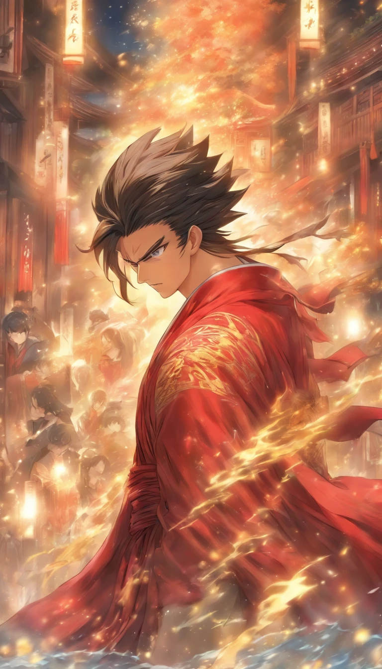 /imagine prompt: A cunning man standing in front of the Red Robe Sect, with a face full of conspiracy, blinking constantly, trying to hint at the useless saint, tense and chaotic atmosphere, ,32k, best quality, masterpiece, super detail, high details, by Makoto Shinkai ,in the style of the stars art group xing xing, --niji 5"