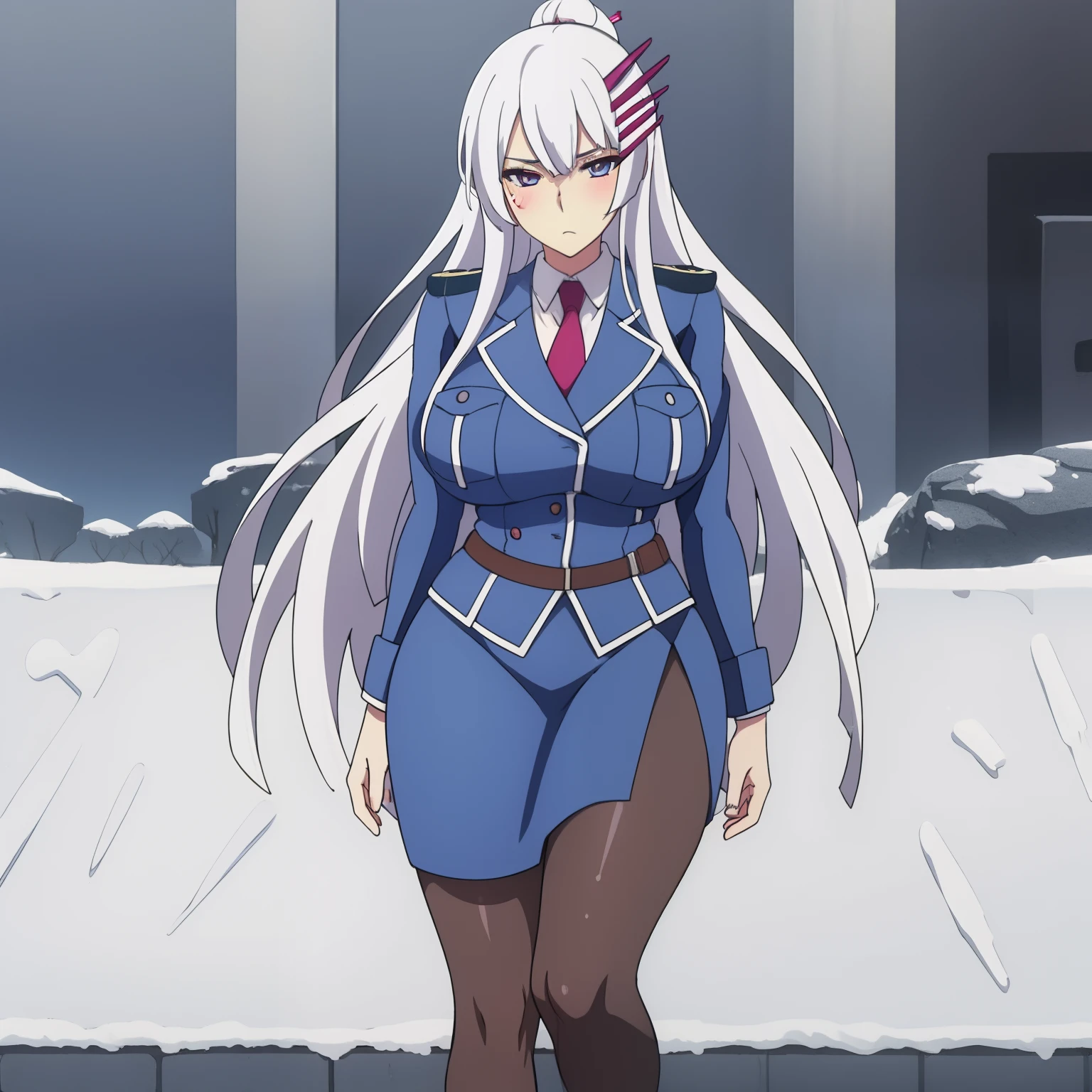 ((Big tits)), ((busty)), ((masterpiece)), (()), (white hair), illustration, Froleytia, looking at viewer, expressionless, light blush, snowing, fullbody