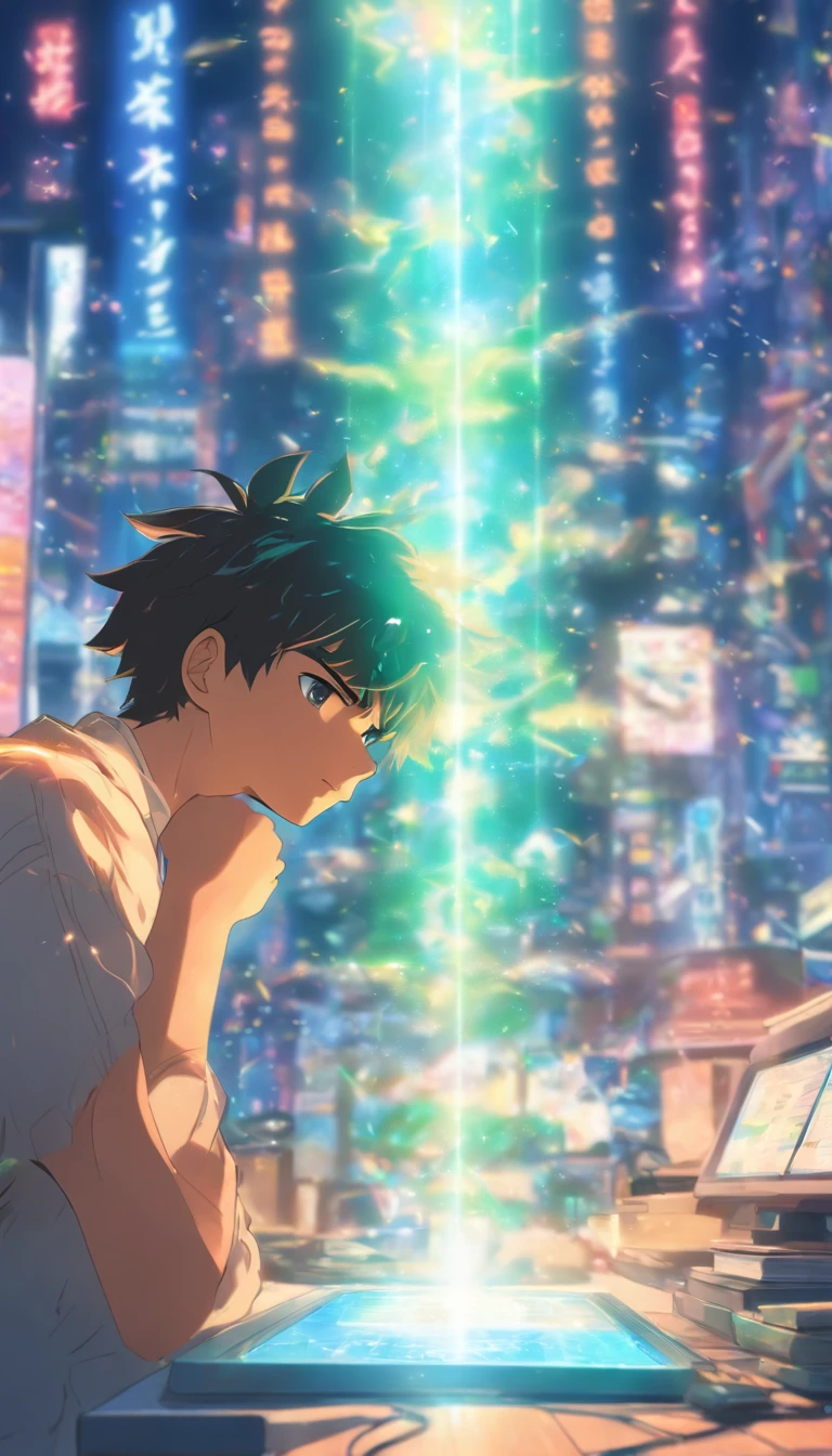 /imagine prompt: A young man sitting in front of a desk, staring at a computer screen with no expression, a shining system prompt appears in his mind, the notification sound rings, and he receives a contribution of 100,000 points from Xiao Xun'er, ,32k, best quality, masterpiece, super detail, high details, by Makoto Shinkai ,in the style of the stars art group xing xing, --niji 5