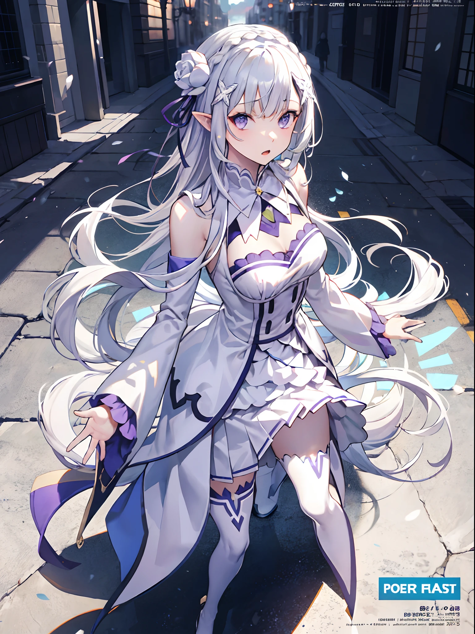 masterpiece,(best quality),(1girl) ,solo,(high contrast:1.2),(high saturation:1.2), ((hands on the pocket)),((black and white sdress)),looking at viewer,((white and light blue theme:1.3)),((white and light blue background:1.5)),((walking:1.3)),full body,((the light blue water on sky and white cloud and day)),((from above:1.2)),
(magazine:1.3), (cover-style:1.3), fashionable, woman, vibrant, outfit, posing, front, colorful, dynamic, background, elements, confident, expression, holding, statement, accessory, majestic, coiled, around, touch, scene, text, cover, bold, attention-grabbing, title, stylish, font, catchy, headline, larger, striking, modern, trendy, focus, fashion,rezeroemilia, emilia, braid, crown braid, flower, hair flower, hair ornament, hair ribbon, long hair, pointy ears, (purple eyes:1.2), white hair, x hair ornament, BREAK detached collar, detached sleeves, frilled sleeves, frills, long sleeves, miniskirt, pleated skirt, ribbon, skirt, thighhighs, white skirt, white sleeves, white thighhighs, wide sleeves, zettai ryouiki, BREAK outdoors, city, BREAK looking at viewer, BREAK,The background is dark and gritty, with a sense of danger and intensity. The text is bold and attention-grabbing, with a catchy tagline that adds to the overall feeling of drama and excitement. The color palette is mainly dark with splashes of vibrant colors, giving the poster a dynamic and visually striking appearance,tachi-e (magazine:1.3), (cover-style:1.3),