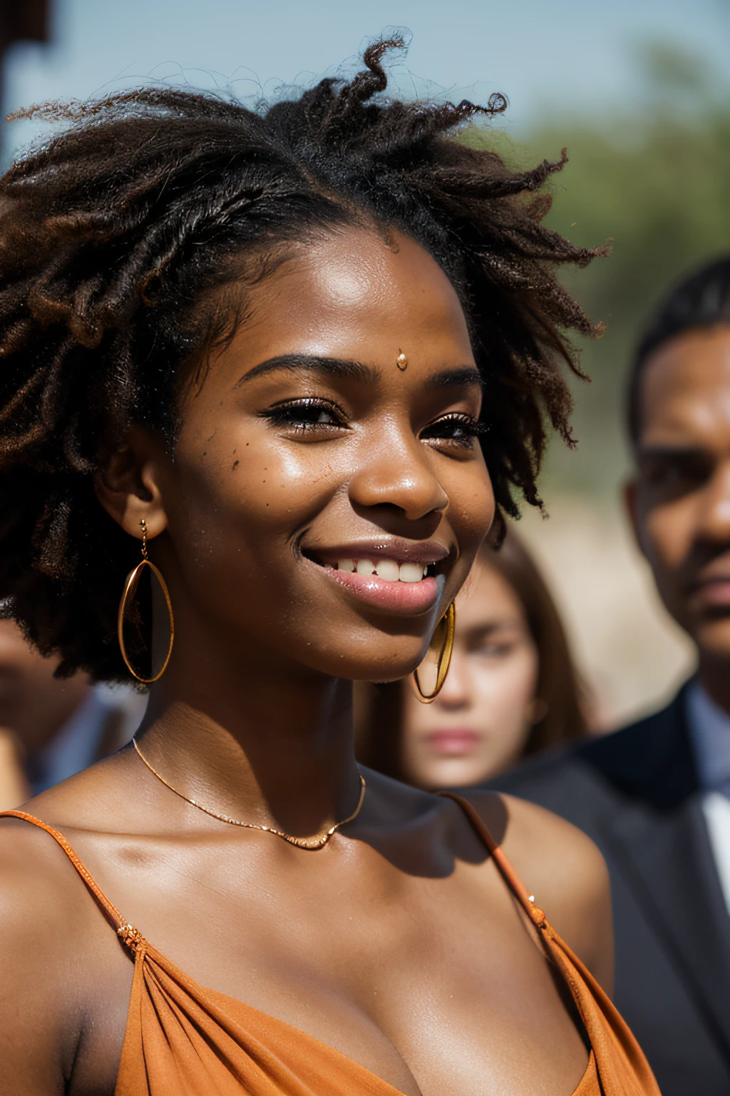masterpiece, best quality, africa lady, back lady, afro hair style , (skin blemish:1.2), (skindentation), ,there is a woman with a luxury dress ,smiling for the camera, black young woman, young black woman, photo of a black woman, black age girl, african american young woman, dark-skinned, photo of young woman, dark skinned, woman with braided brown hair, medium close up portrait, maria borges, close - up portrait shot, closeup headshot portrait