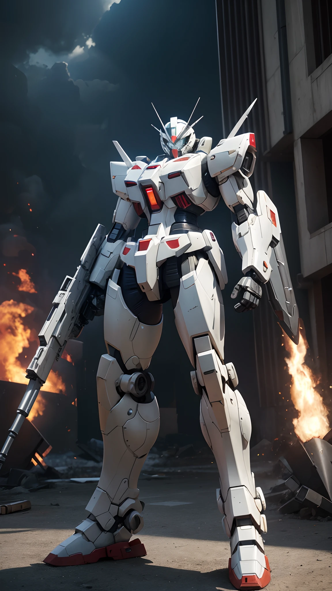 Surrealism, ray tracing, UHD, high details, 8k, best quality, textured skin, Gundam mech, masterpiece, best quality, mecha, unmanned, (full body), (white mech: 1.5), (axisymmetric: 1.4), (HDR), (movie light: 1.1), white eyes, cool, science fiction, fire, laser cannon beam, war, conflict, destroyed city background handheld weapon, (Holding a huge weapon: 1.5), holding an oversized shield, mech man,