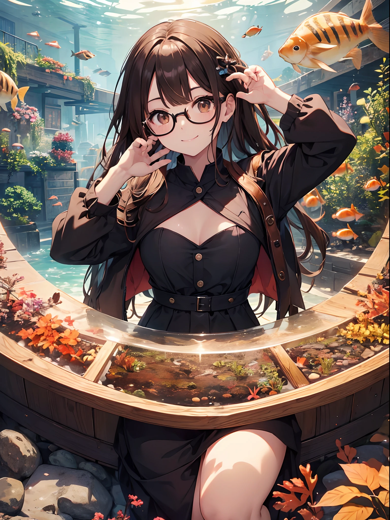 1人の女性、brown haired(Curta)、Brown eyes、Black-rimmed glasses、 Best Quality、ultra-detailliert、8K resolution、Raw photo、masutepiece、gorgeous faces、Perfect body、Aquarium Date、a smile