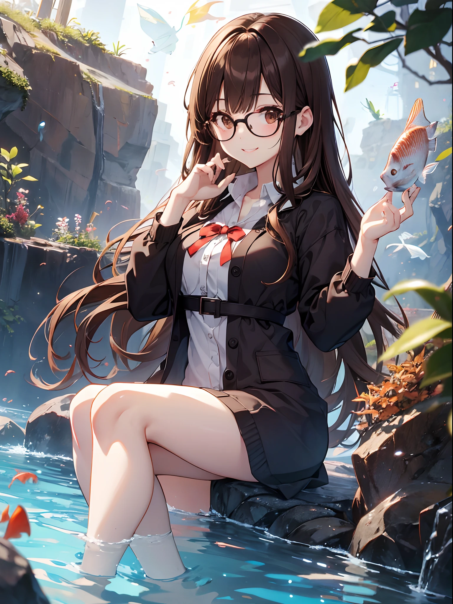 1人の女性、brown haired(Curta)、Brown eyes、Black-rimmed glasses、 Best Quality、ultra-detailliert、8K resolution、Raw photo、masutepiece、gorgeous faces、Perfect body、Aquarium Date、a smile