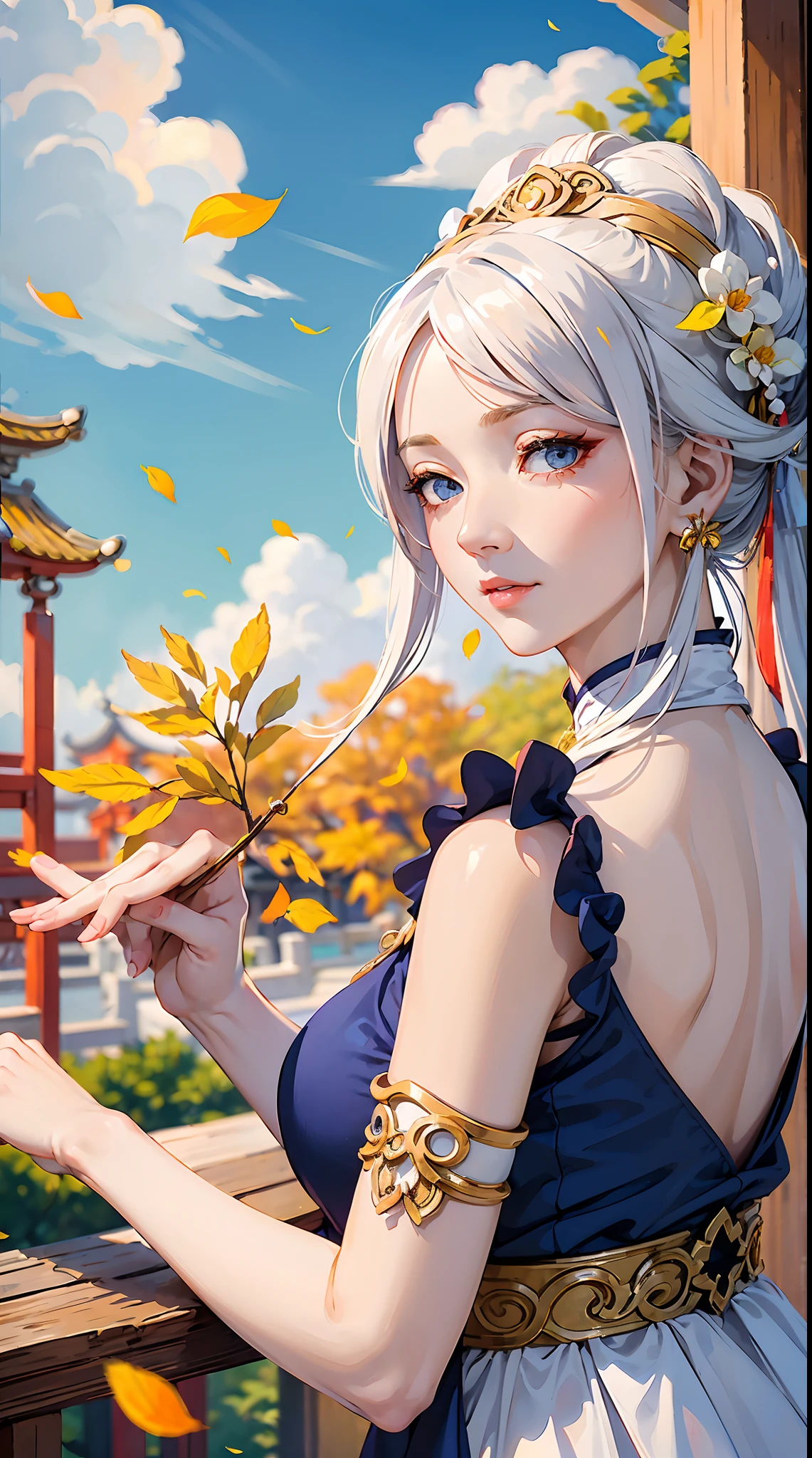 Mature girl, orange pupils, blue-white hair color, floating hair, delicate and flexible eyes, intricate damask Hanfu, gorgeous accessories, wearing pearl earrings, fov, f/1.8, masterpiece, ancient Chinese architecture, blue sky, flower petals flying, front portrait shot, Chang'e, side light, sunlight shining on people, 8K