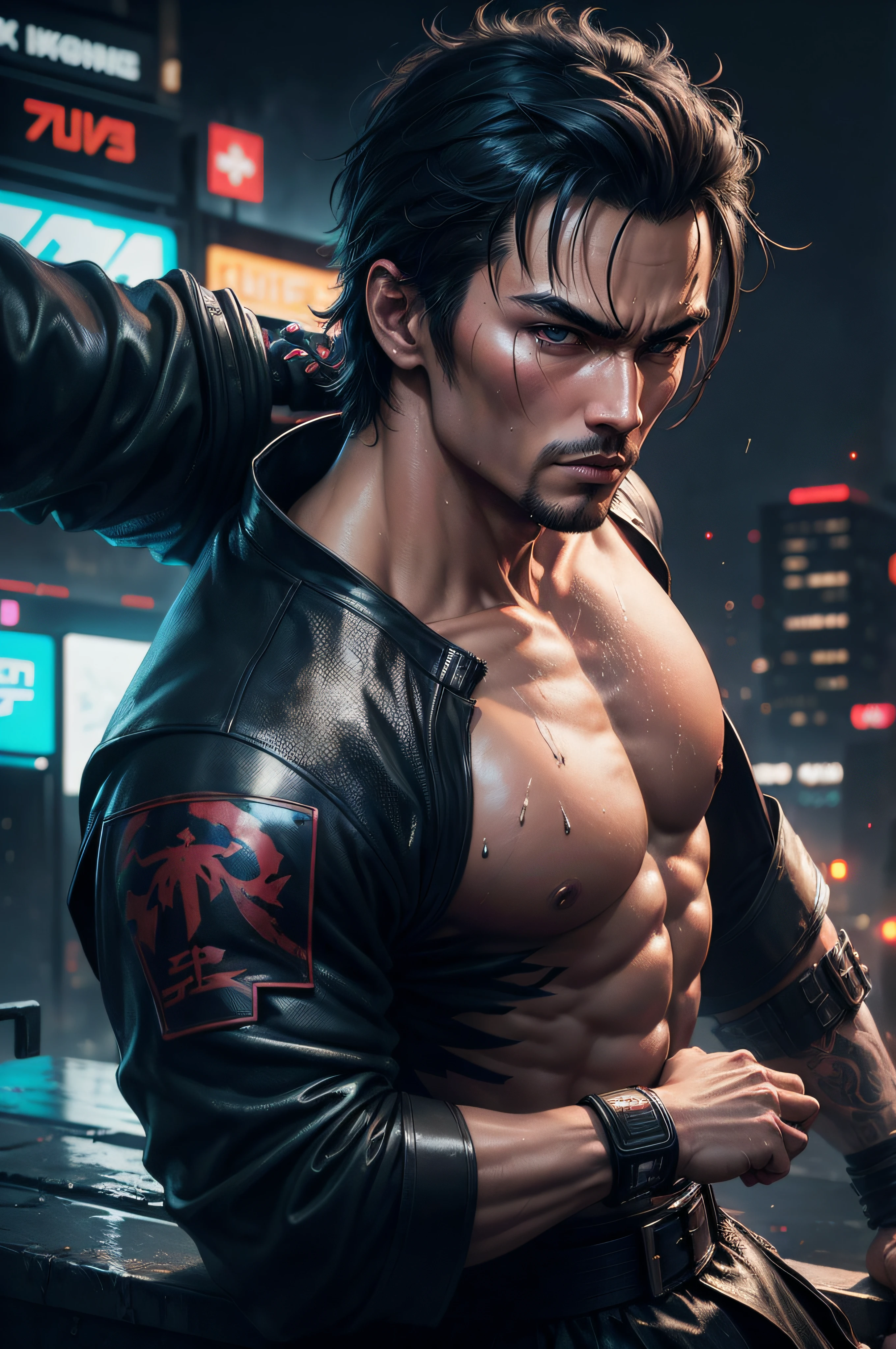 "character description: mischievous and carefree half-demon and half-shapeshifter with short black and purple hair, grey eyes, and a well-groomed beard, he is well built and muscular however he is on the slender side. Wearing a suit"