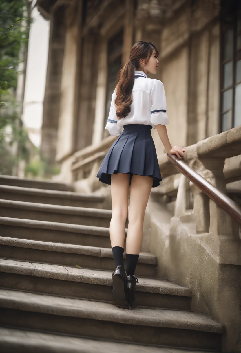 top-quality、Facial Focus、Soft light、(depth of fields)、超A high resolution、(Photorealsitic:1.4)、Raw photography、(above knee:1.4)、(taken from the under)((posterior view))((Shot from the rear))((Looking back and watching the viewer))((A shiny shirt with a little sheer、Long pleated skirt))、((Collared shirt with short sleeves))((You can see a little bit of the shape of the buttocks from the top of the clothes))((On the school stairs))2 Japan girls、Two 28-year-old girls、Colossal tits、(full of shyness、cold smile:1.1)、(Brown-eyed)、detailed beautiful faces、(Cute hairstyle)、high-angle shot、Center view、((Two women climbing stairs))Two arafe asian women wearing satin shimmies、Phenomenally cute girl、japanaese girl、Wearing a lace slip shimmy、a hyperrealistic schoolgirl、a hyperrealistic schoolgirl、Schoolgirl Pose、full body Esbian、Nice skin、glistning skin、glowing thigh、shining legs、Black high socks above the knee、High School in Japan 、乃木坂アイドル、韓国アイドル、Invite you inside、((Inviting eyes))8K, nffsw:1.2,, (hyper realisitic:1.35), (Realistic:1.4), 1 beautiful Korean girl,__expression__,(School uniform:1.4),独奏、Turn around and show your ass、Big ass, standing on his back looking back, Show more ass, hands on butt、12-year-old woman、A smile、Legs open、white sock、Plaid school miniskirt、A smile、bangss、、A dark-haired、eye shadow、Crab crotch、 (Butt view), Perfect ass、waist - shot、Bend over and stick your ass out and show it、thigh closeup, bottom body close up、Woman showing her buttocks illuminated from behind,、Crowded intersections、A path that many people take、Bustling downtown、Half body shot、Blouse、Angle from below、Perfect full nudity、Very sad look、Lower body up、Very troubled pose